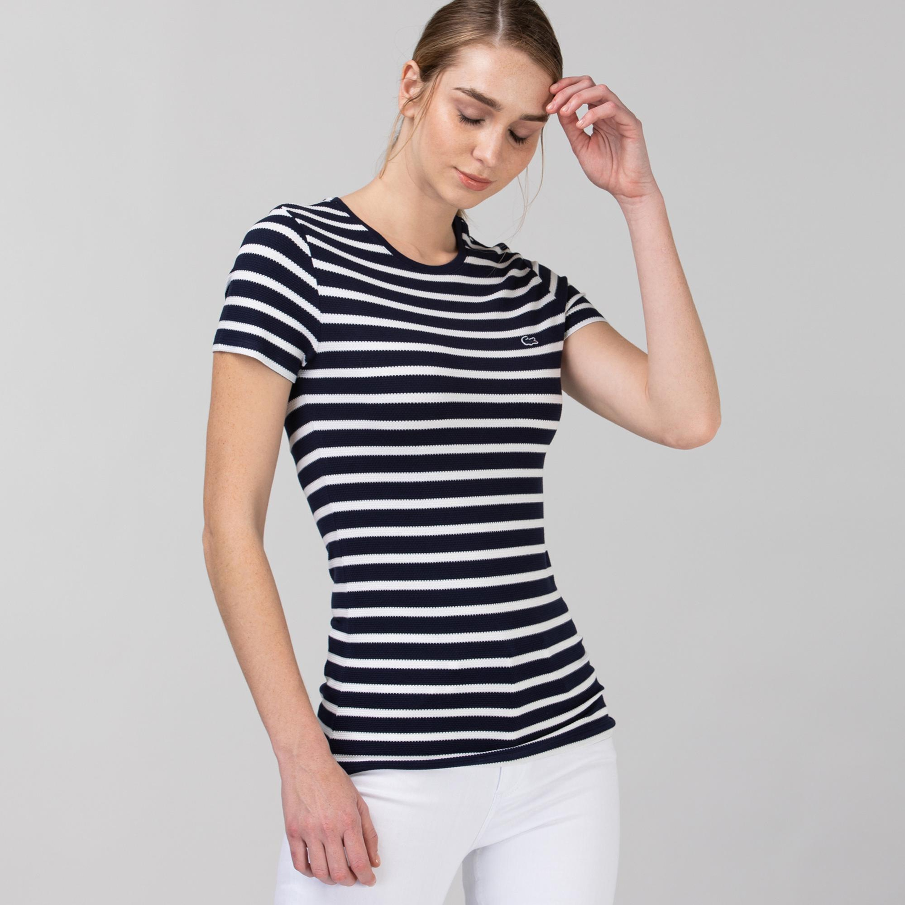 Kadın Slim Fit Bisiklet Yaka Çizgili Lacivert T-Shirt