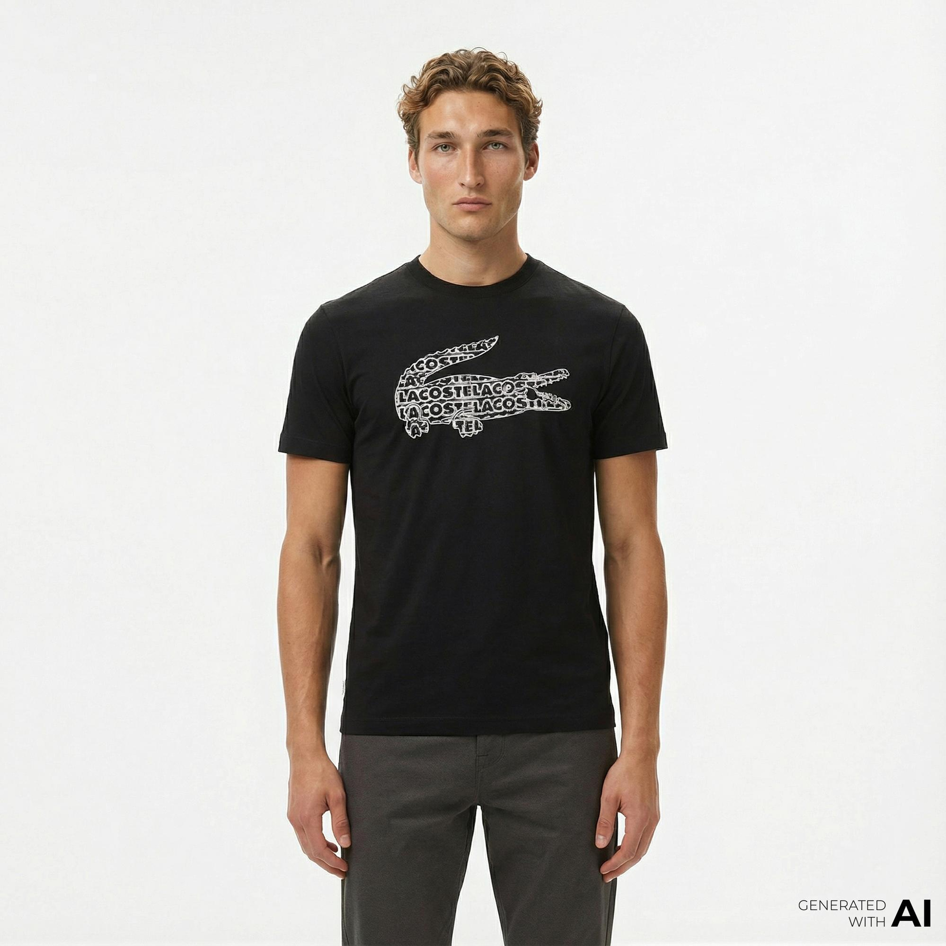 Lacoste Erkek Regular Fit Bisiklet Yaka Baskılı Siyah T-Shirt