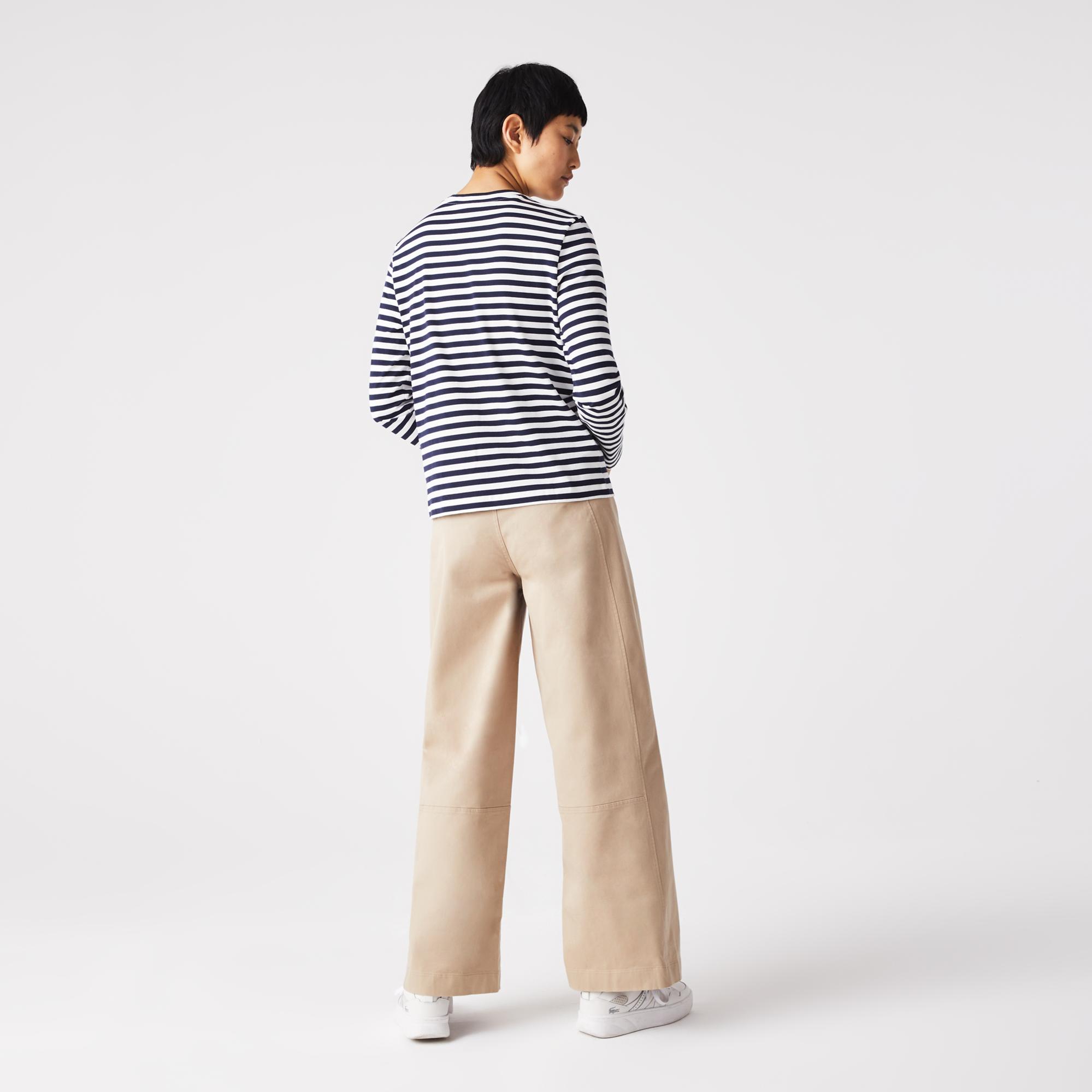 Lacoste Kadın Regular Fit Uzun Kollu Bisiklet Yaka Çizgili Lacivert T-Shirt