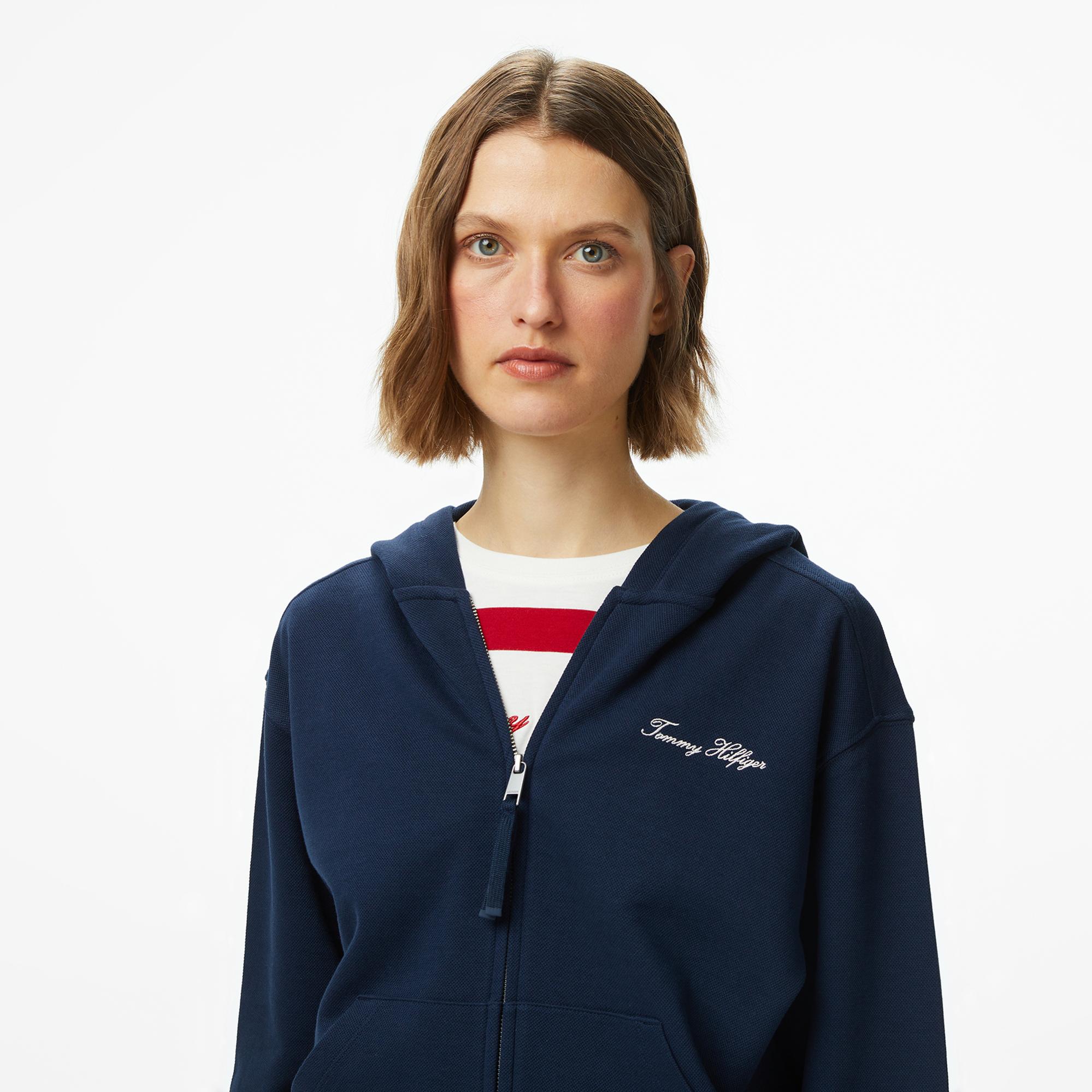 Tommy Hilfiger Script Regular Pique Kadın Fermuarlı Lacivert Hoodie