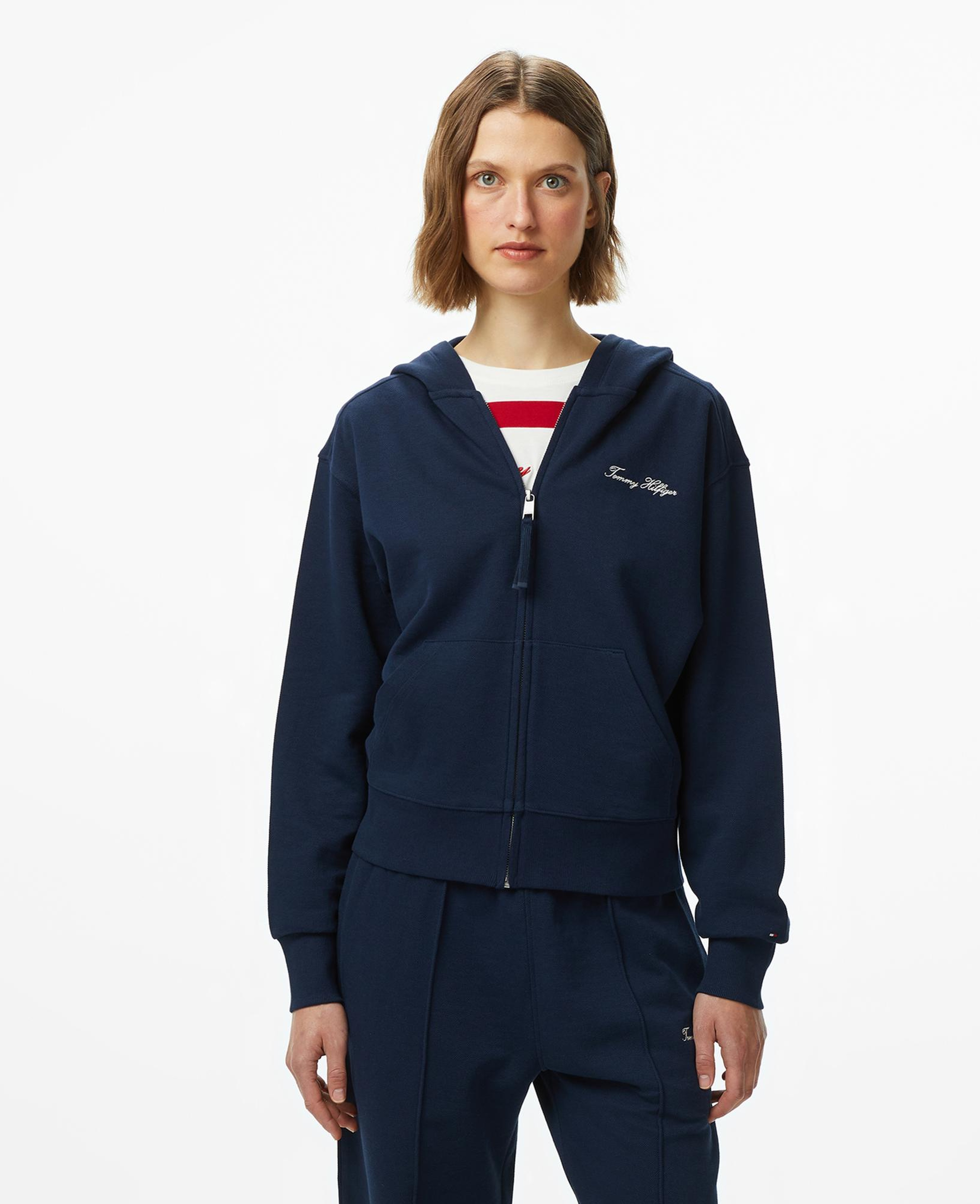 Tommy Hilfiger Script Regular Pique Kadın Fermuarlı Lacivert Hoodie