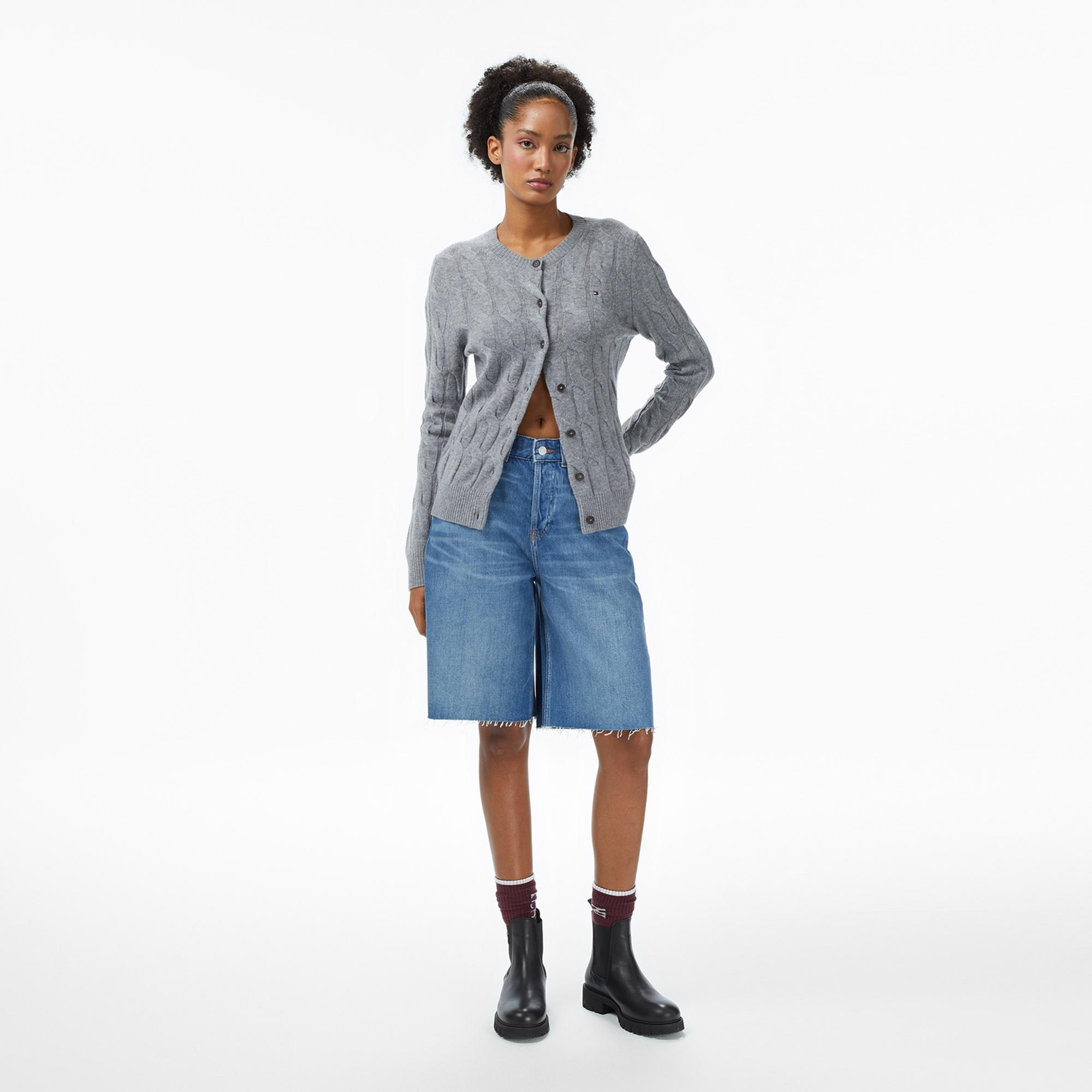 Tommy Hilfiger Soft Wool Cable Cardigan Kadın Triko Gri Hırka