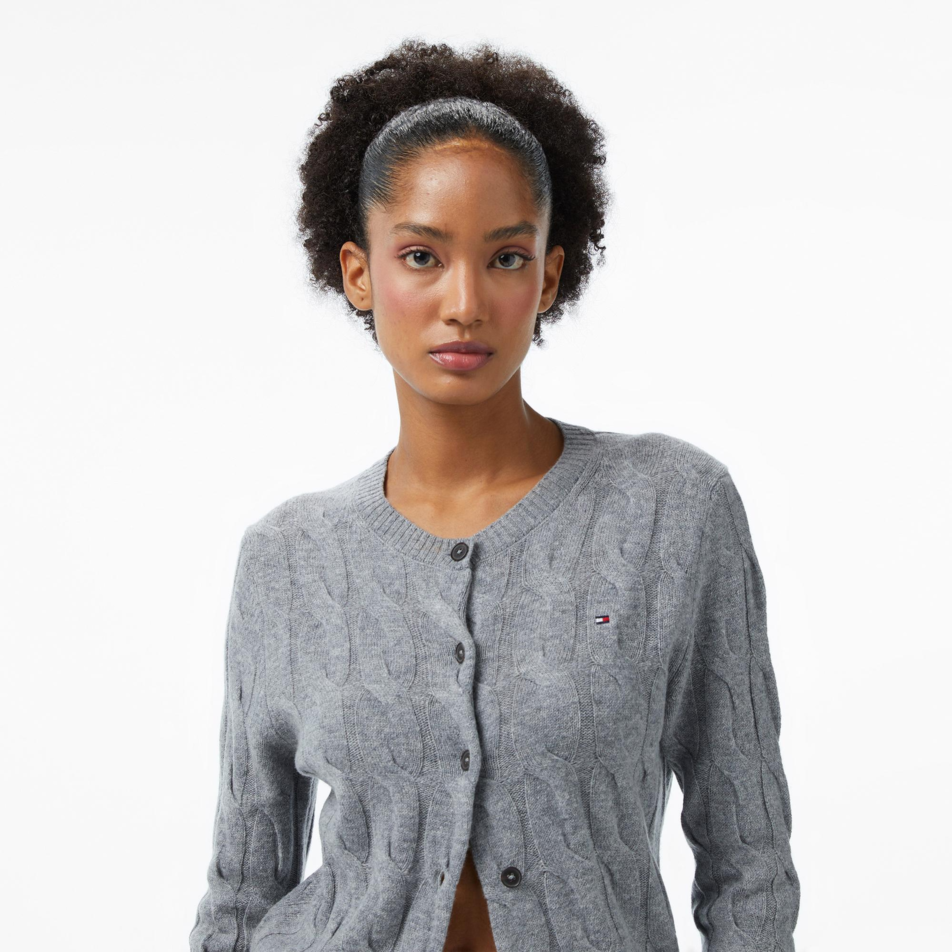 Tommy Hilfiger Soft Wool Cable Cardigan Kadın Triko Gri Hırka