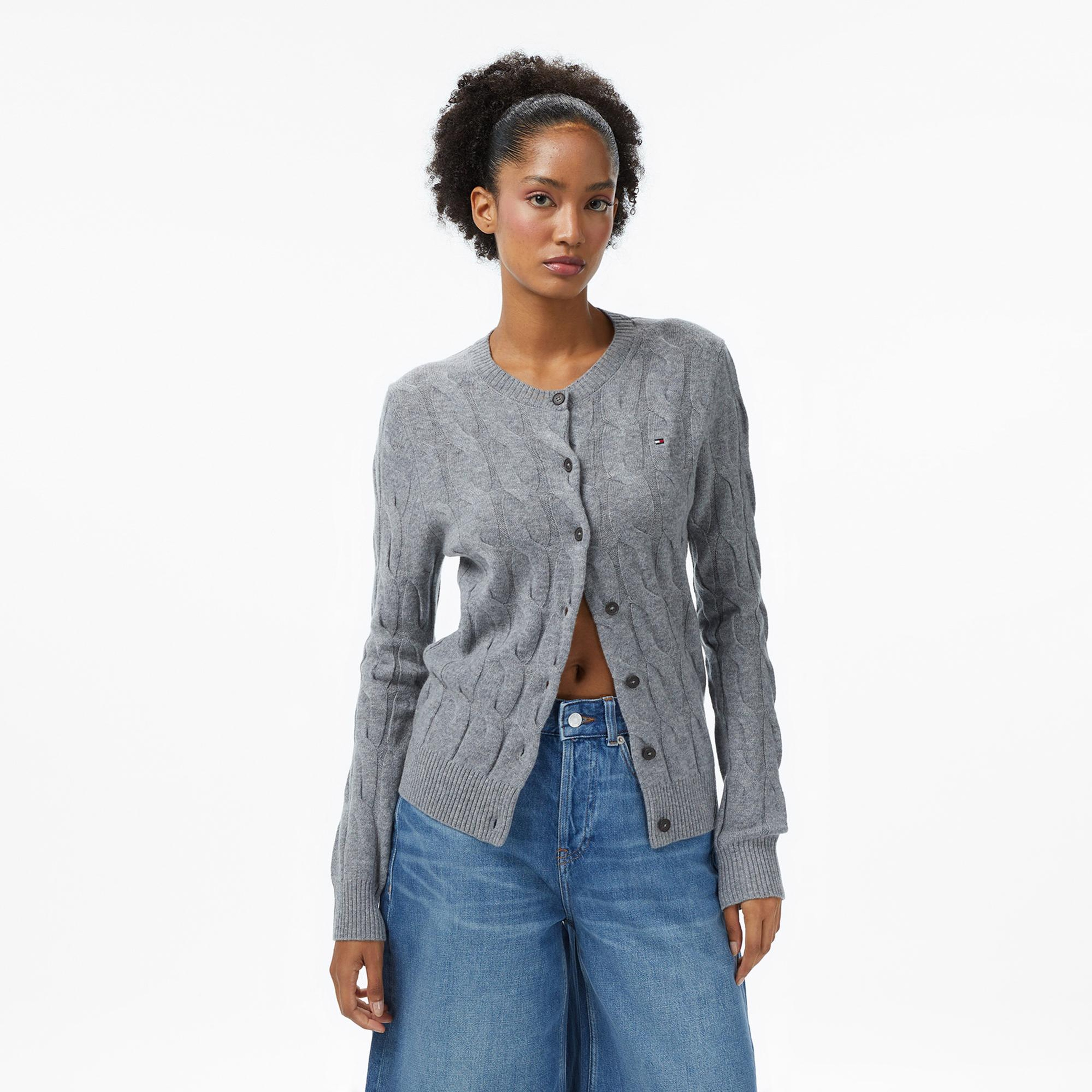 Tommy Hilfiger Soft Wool Cable Cardigan Kadın Triko Gri Hırka