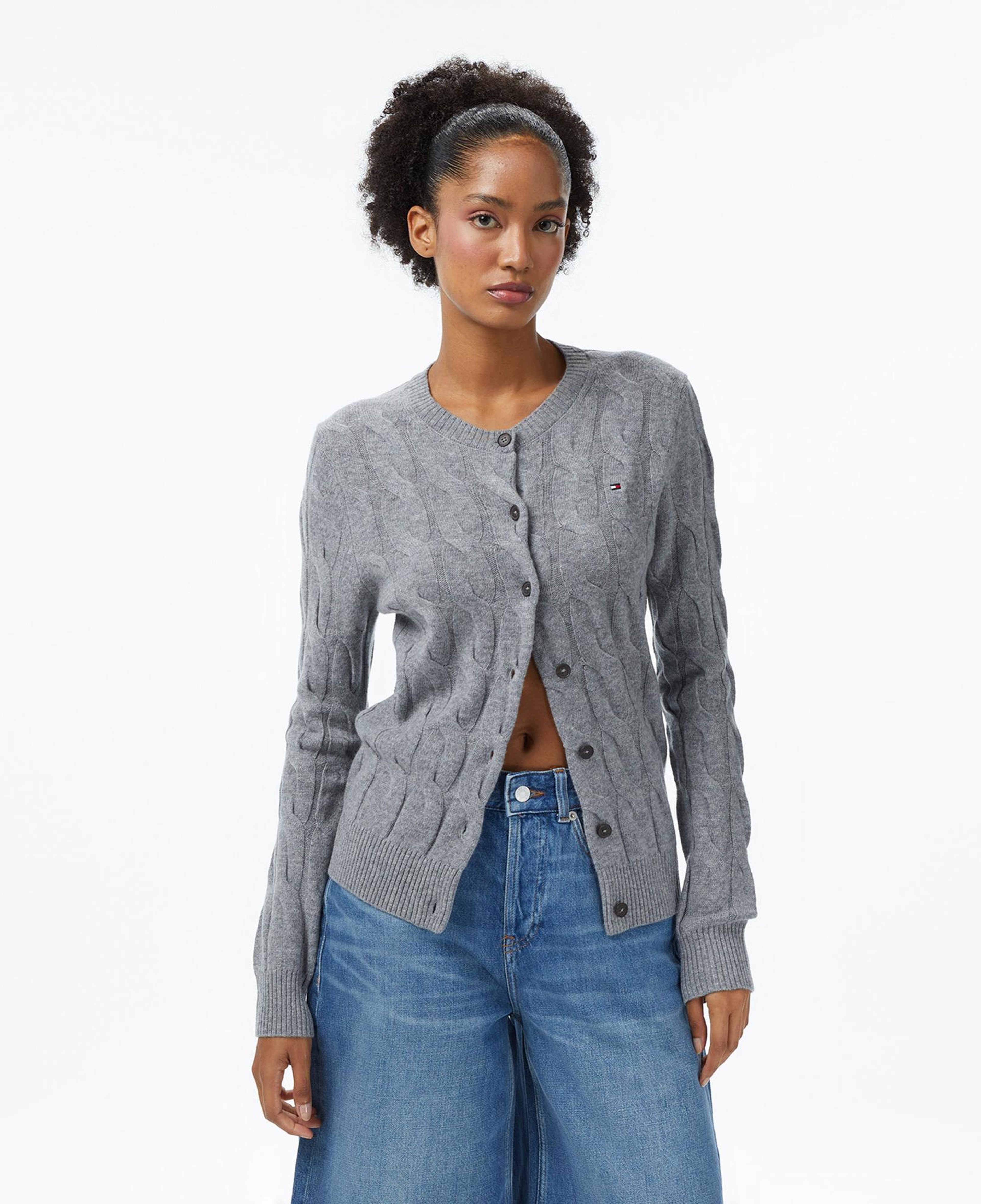 Tommy Hilfiger Soft Wool Cable Cardigan Kadın Triko Gri Hırka