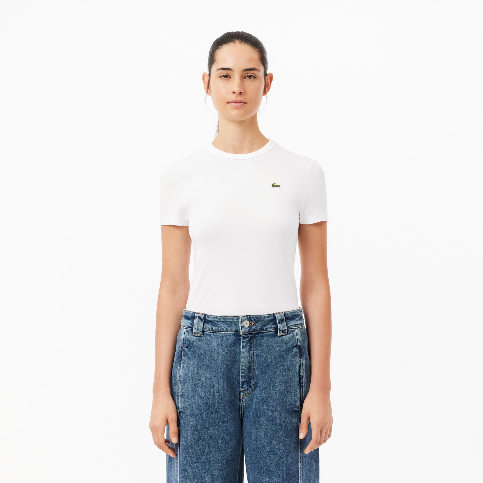 Lacoste Kadın Slim Fit Bisiklet Yaka Beyaz T-Shirt