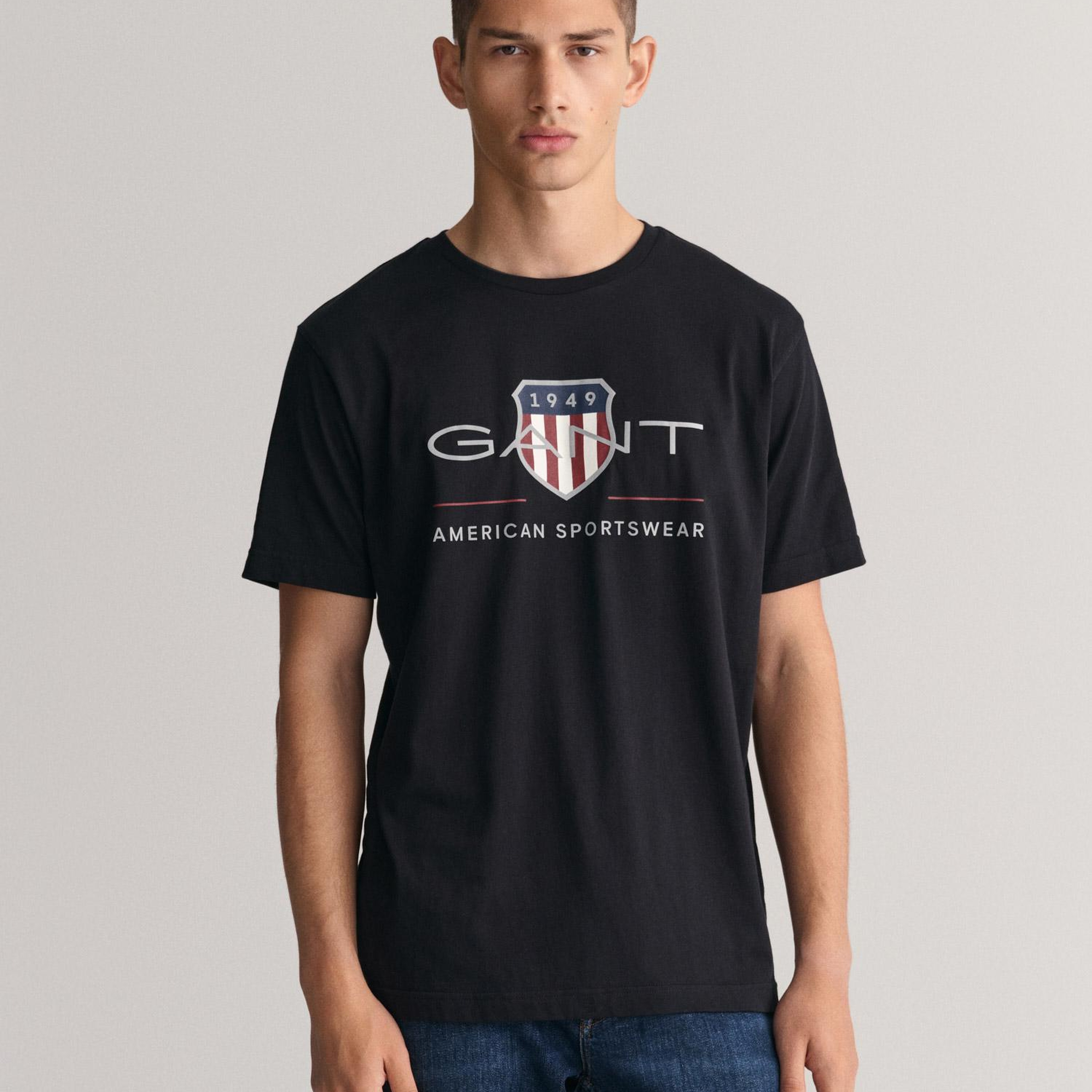 GANT Erkek Siyah Regular Fit Bisiklet Yaka Logolu T-Shirt