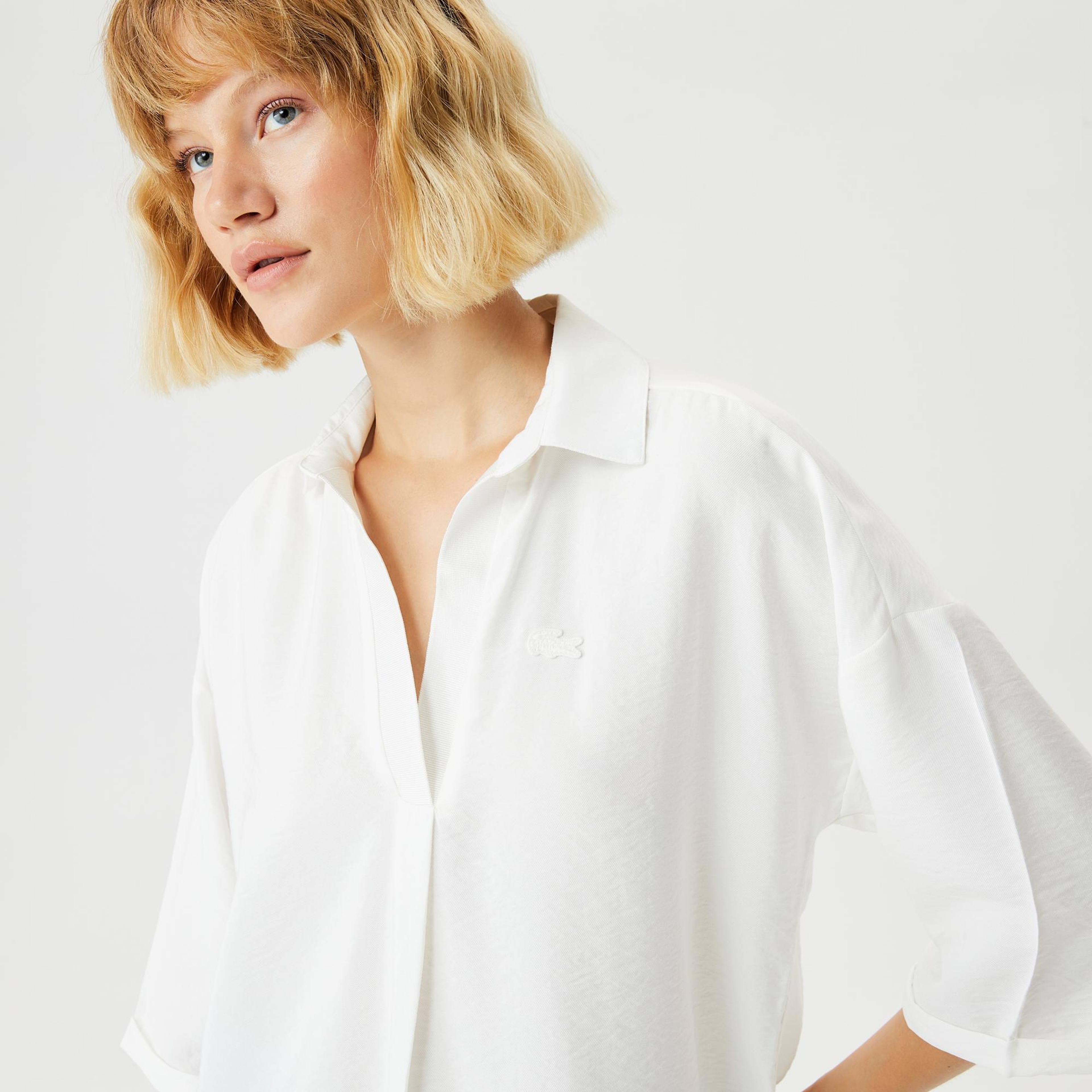 Lacoste Kadın Regular Fit Truvakar Kollu V Yaka Beyaz Bluz