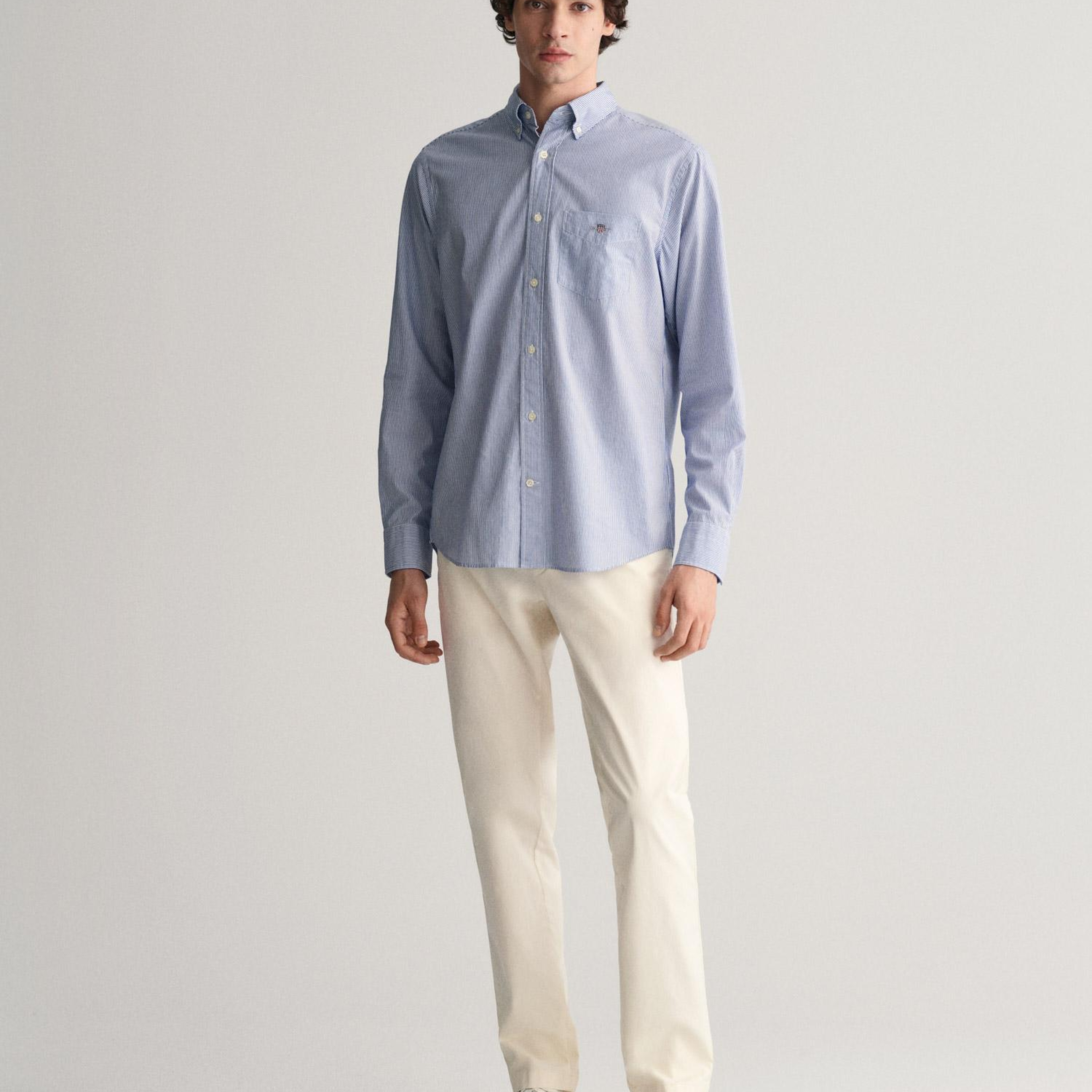GANT Erkek Mavi Regular Fit Çizgili Düğmeli Yaka Gömlek