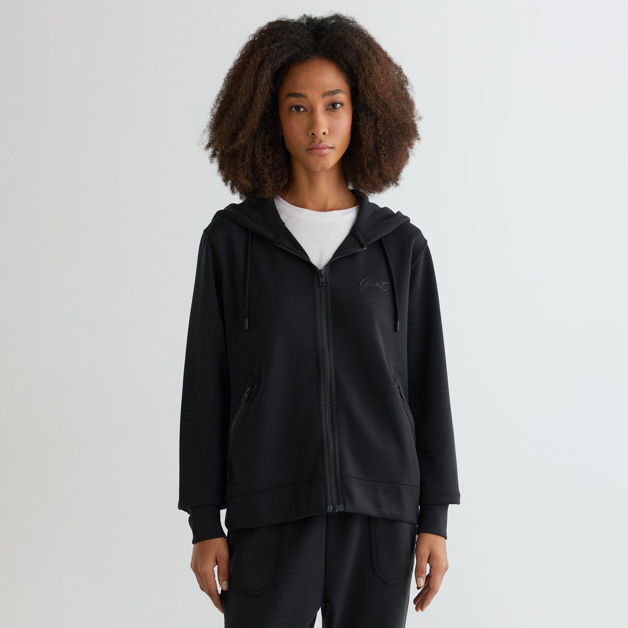 GANT Kadın Siyah Regular Fit Kapüşonlu Logolu Sweatshirt