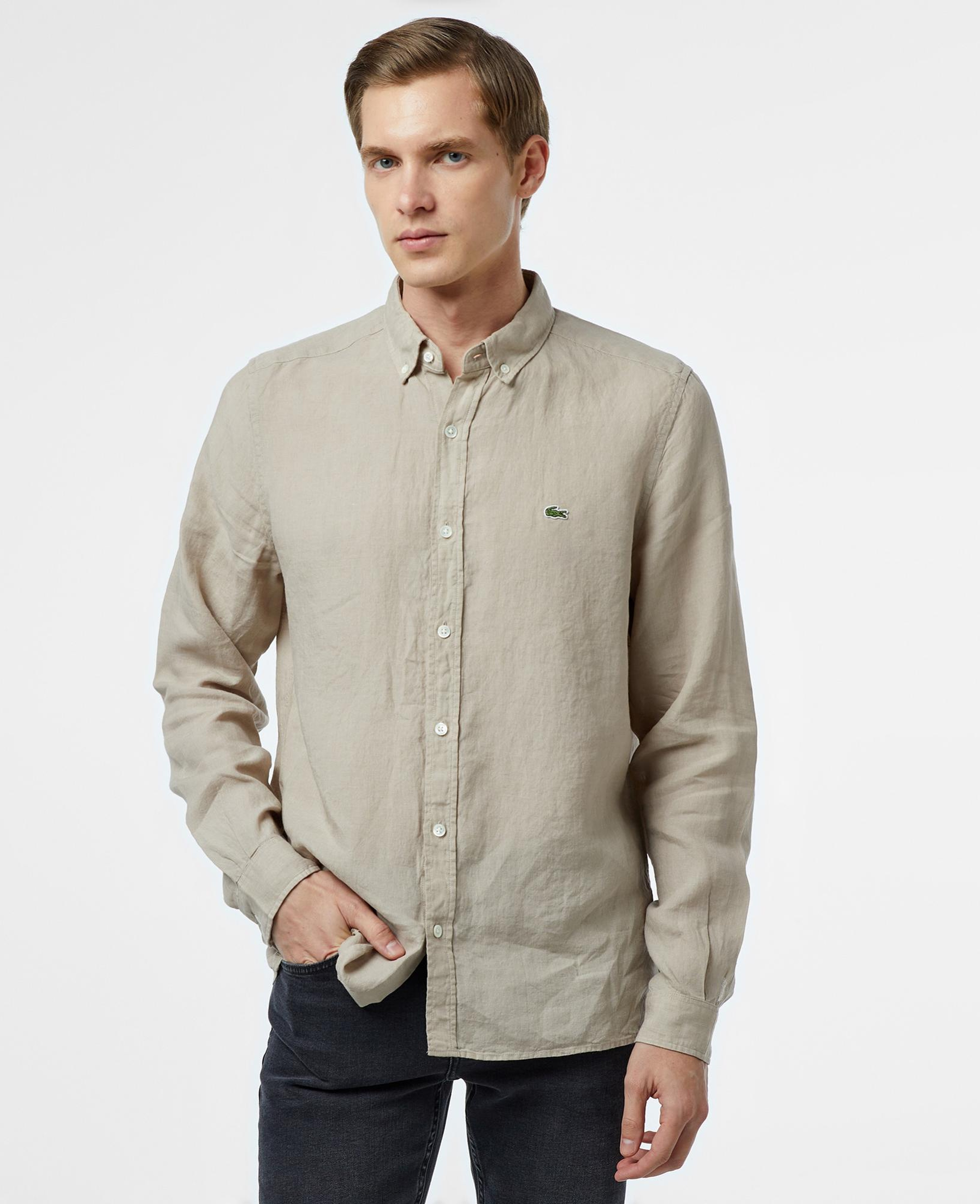 Erkek Regular Fit Düğmeli Yaka Keten Bej Gömlek