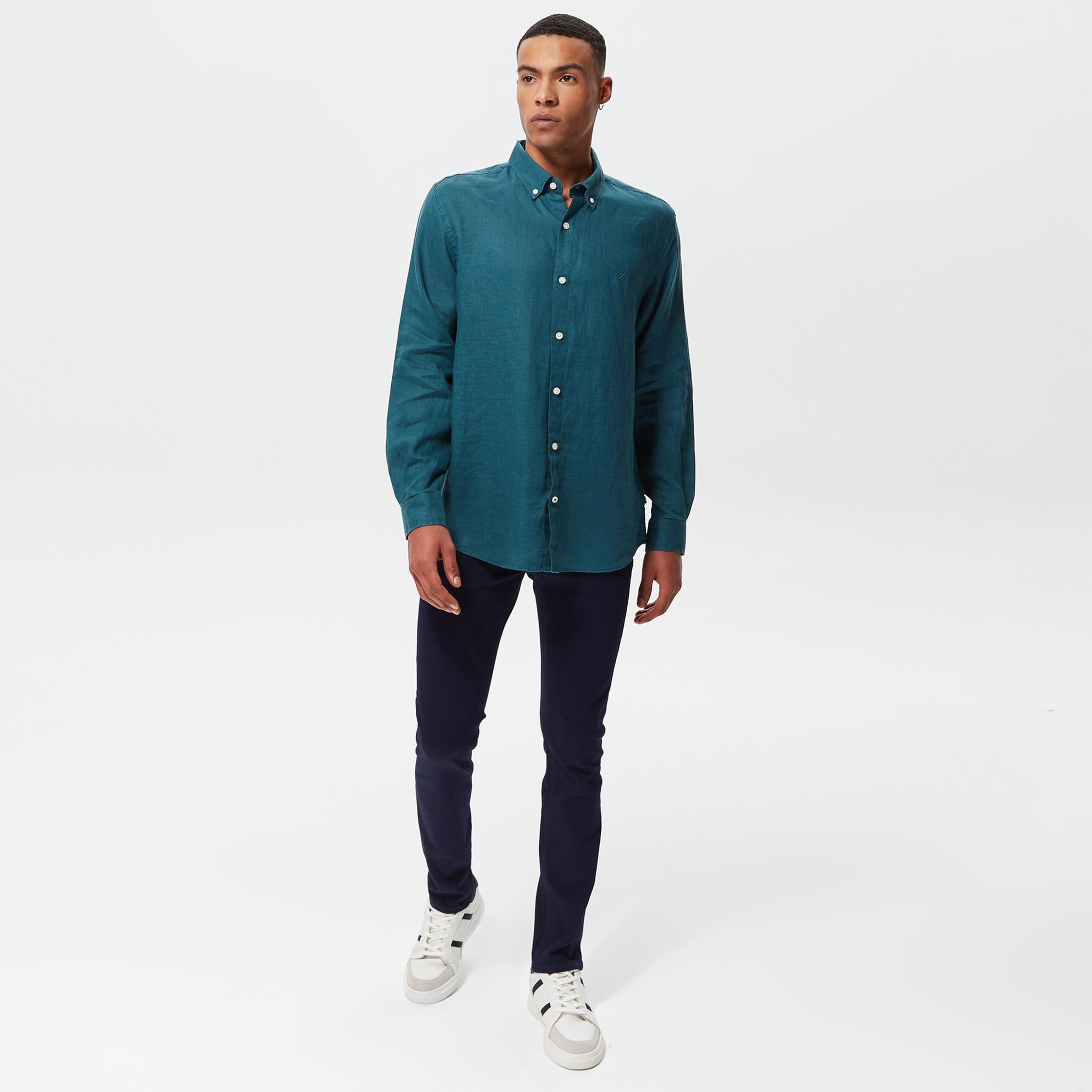 Nautica Erkek Yeşil Classic Fit Uzun Kollu Keten Gömlek