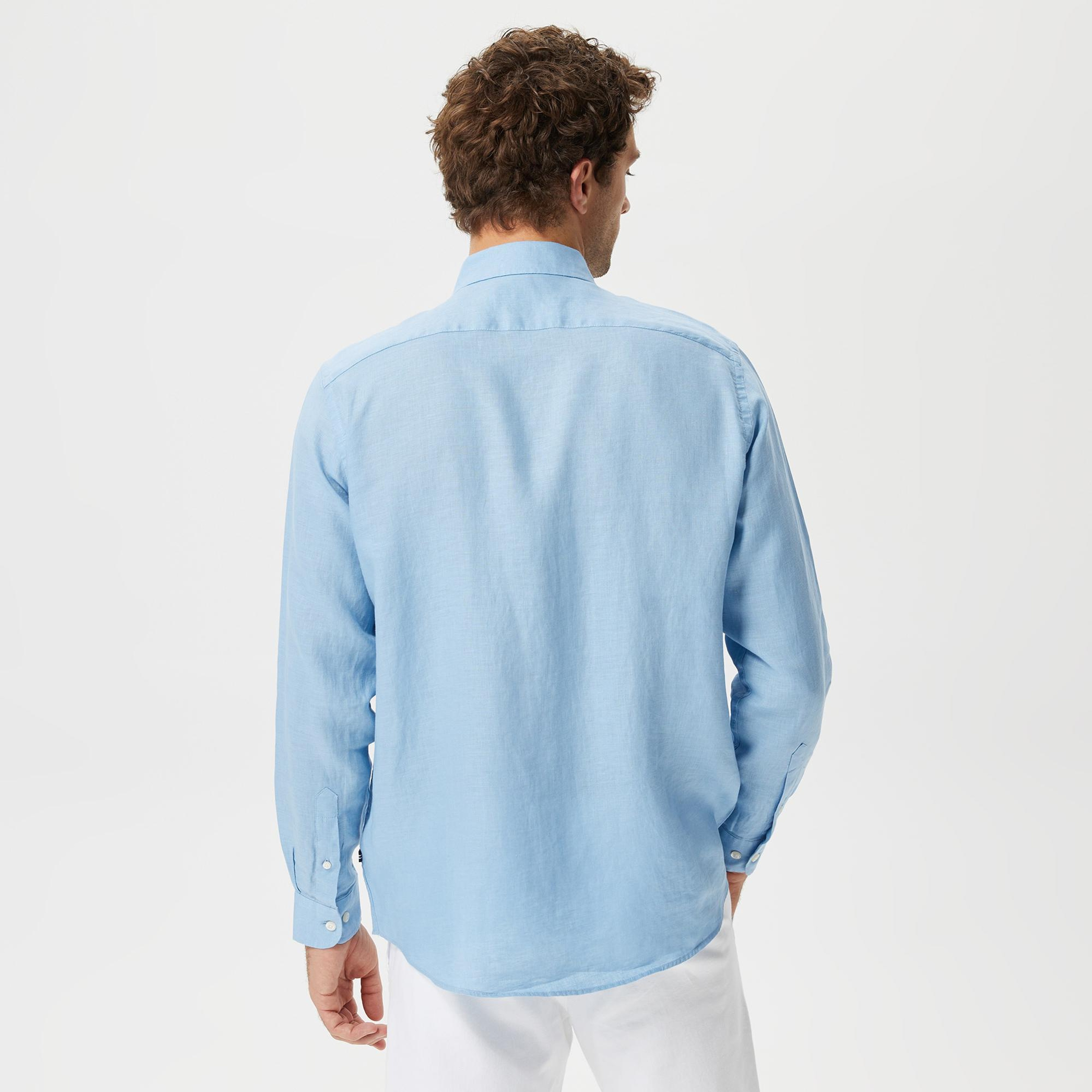 Nautica Erkek Mavi Classic Fit Uzun Kollu Keten Gömlek