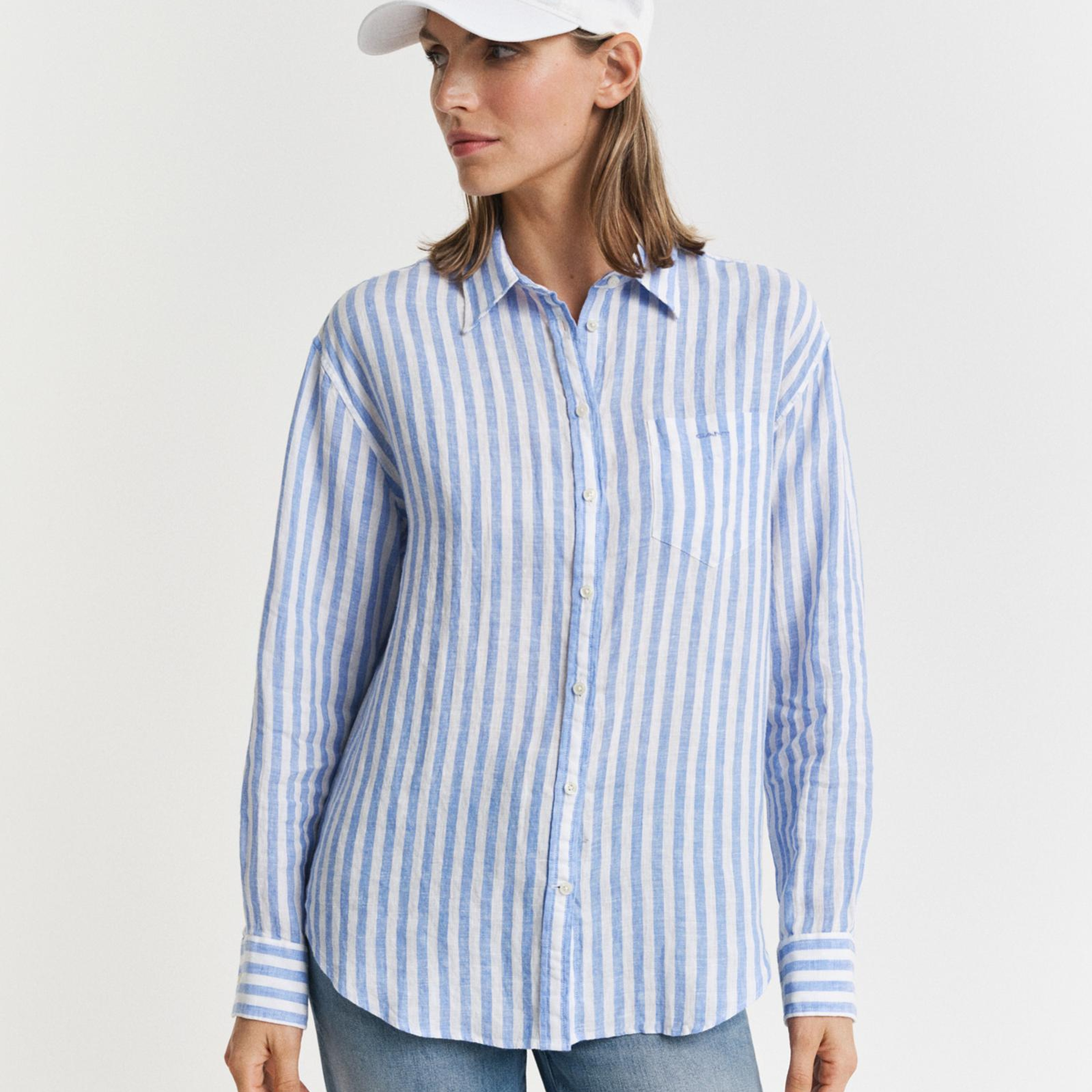 GANT Kadın Mavi Relaxed Fit Klasik Yaka Çizgili Gömlek