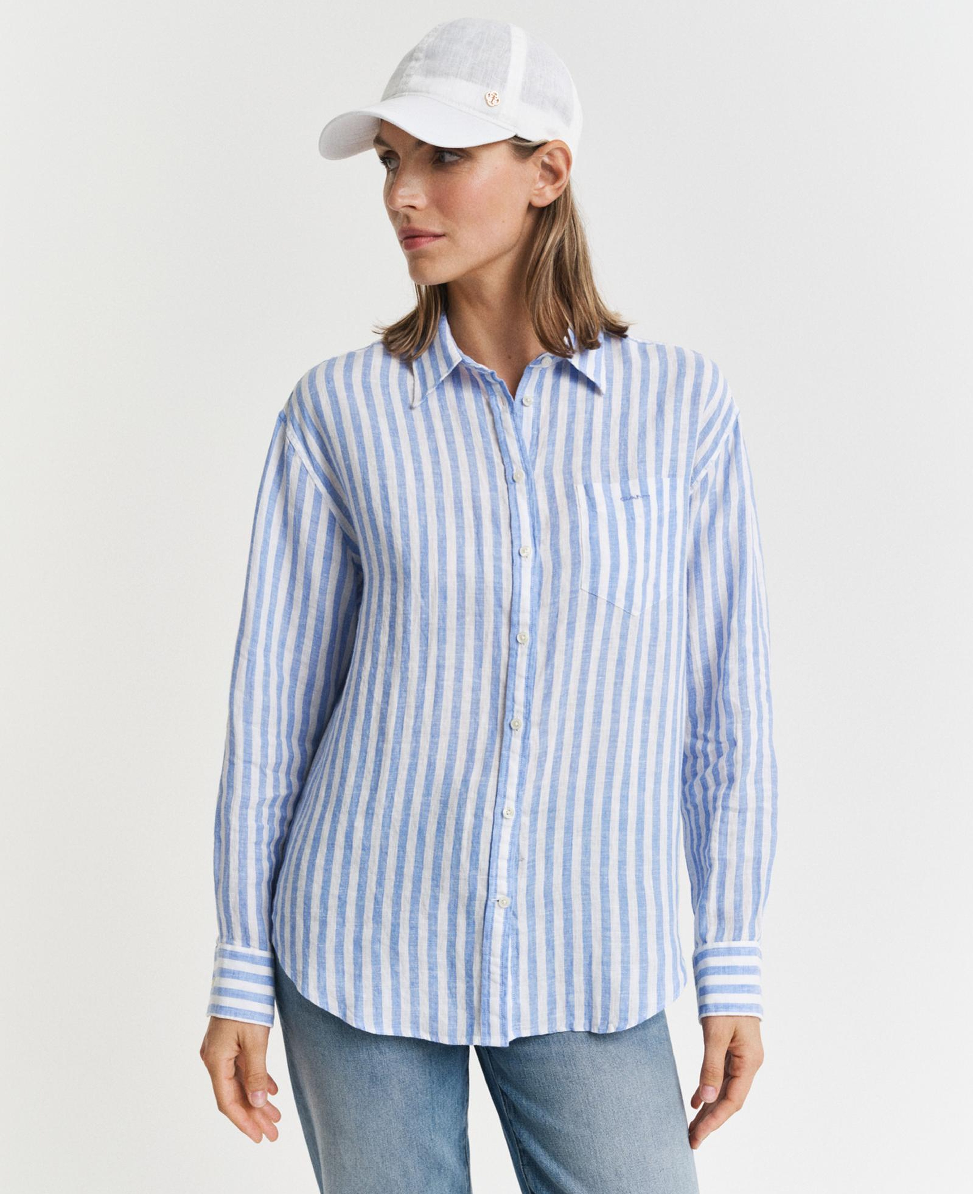 GANT Kadın Mavi Relaxed Fit Klasik Yaka Çizgili Gömlek