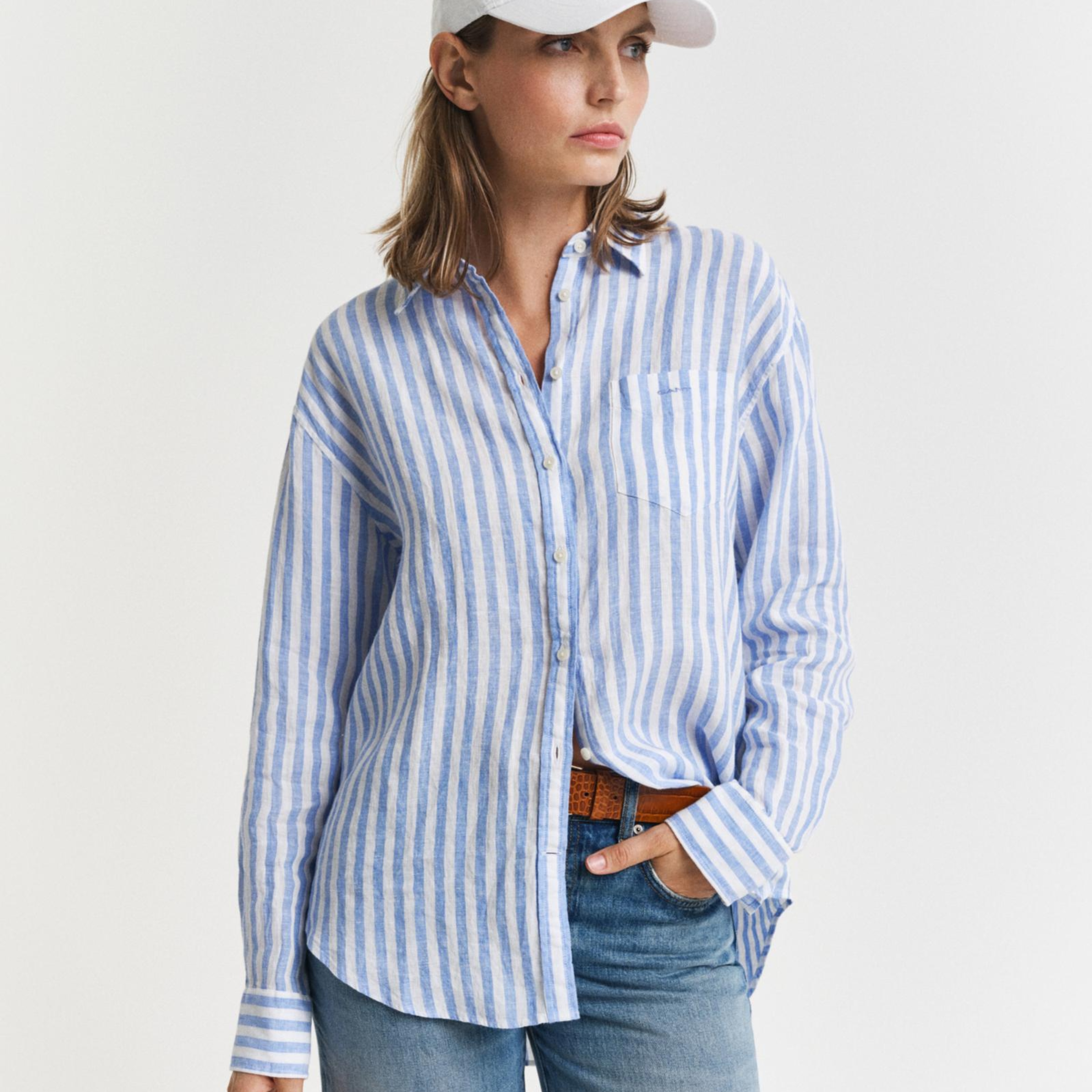 GANT Kadın Mavi Relaxed Fit Klasik Yaka Çizgili Gömlek