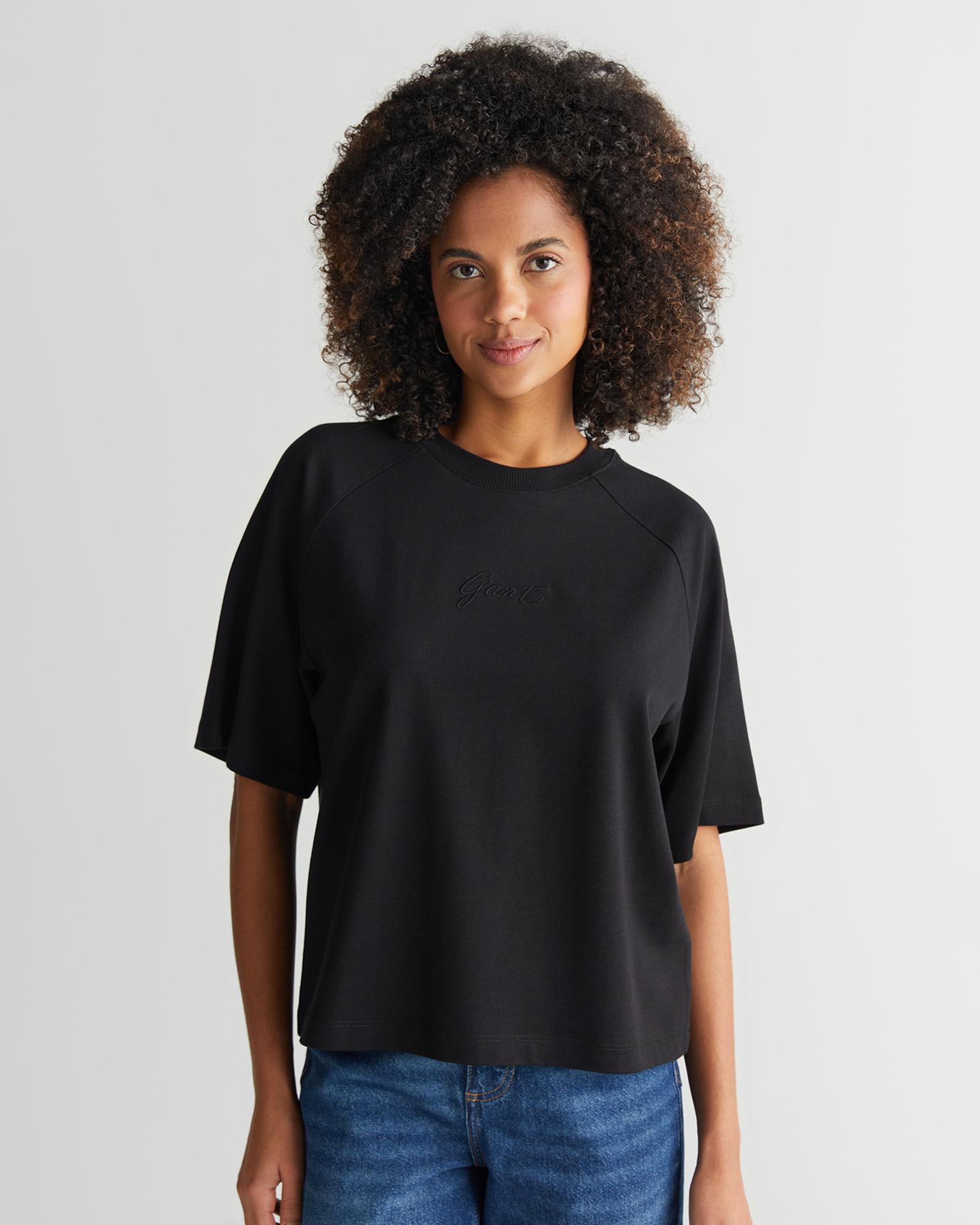 GANT Kadın Siyah Bisiklet Yaka Logolu T-Shirt