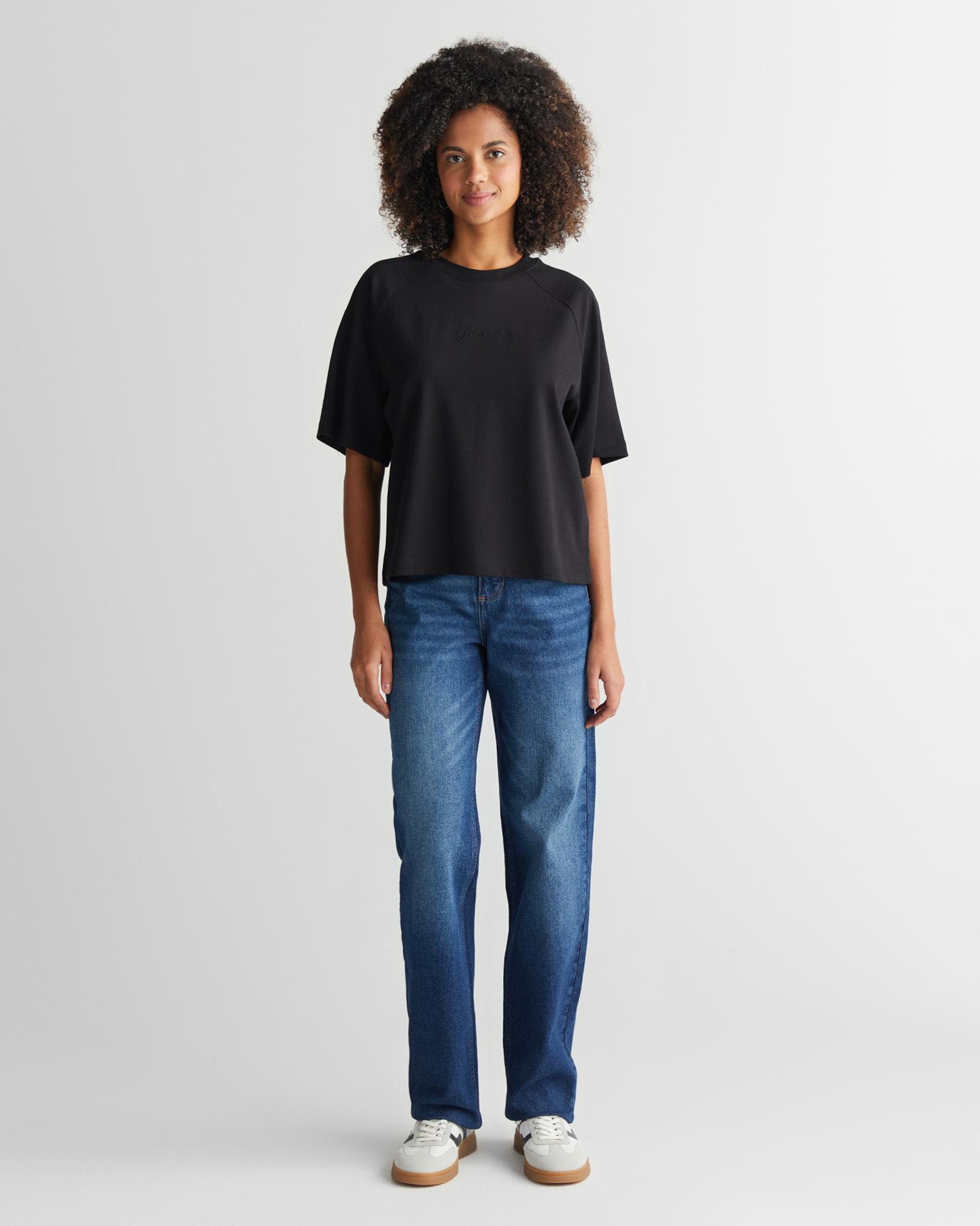 GANT Kadın Siyah Bisiklet Yaka Logolu T-Shirt