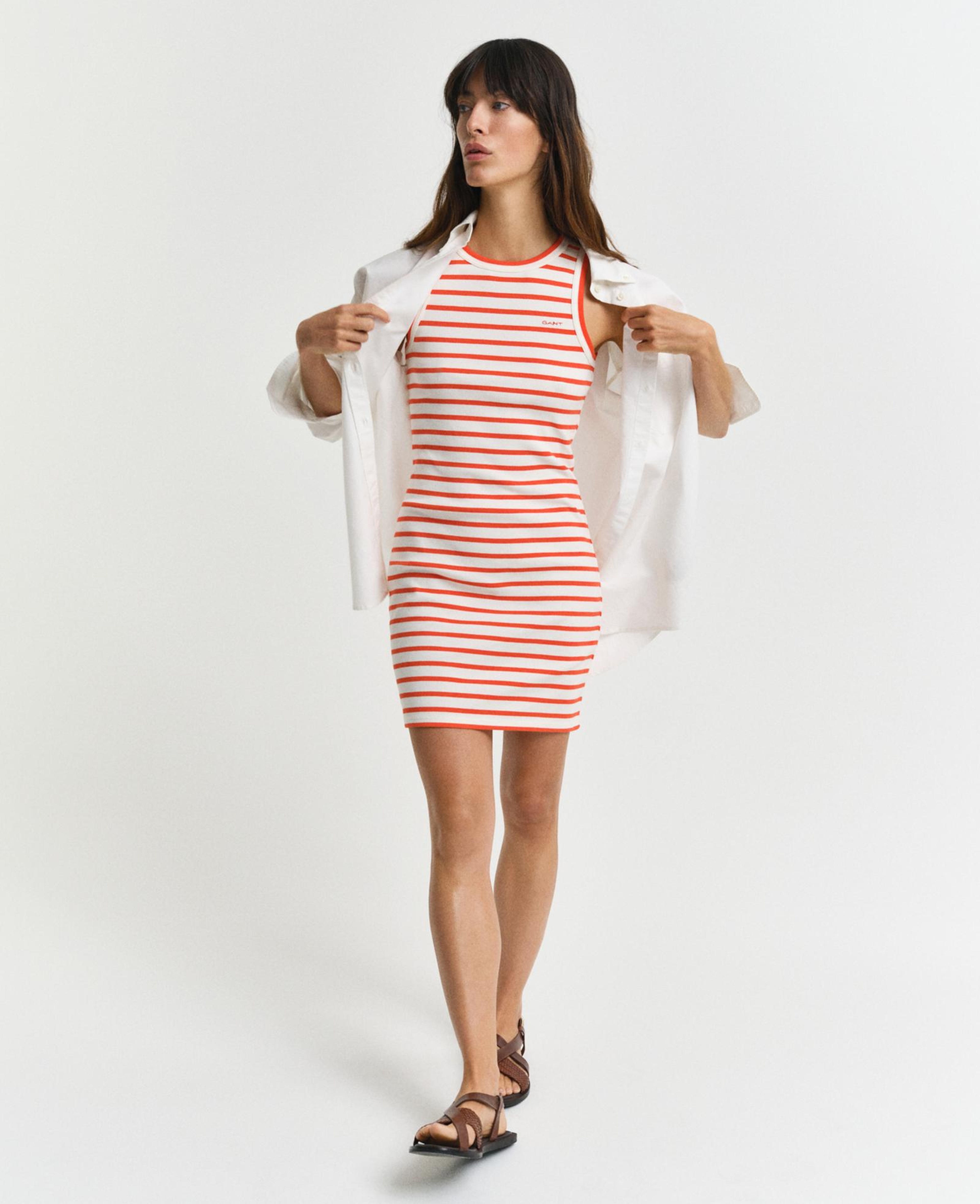 GANT Kadın Turuncu Slim Fit Bisiklet Yaka Çizgili Elbise