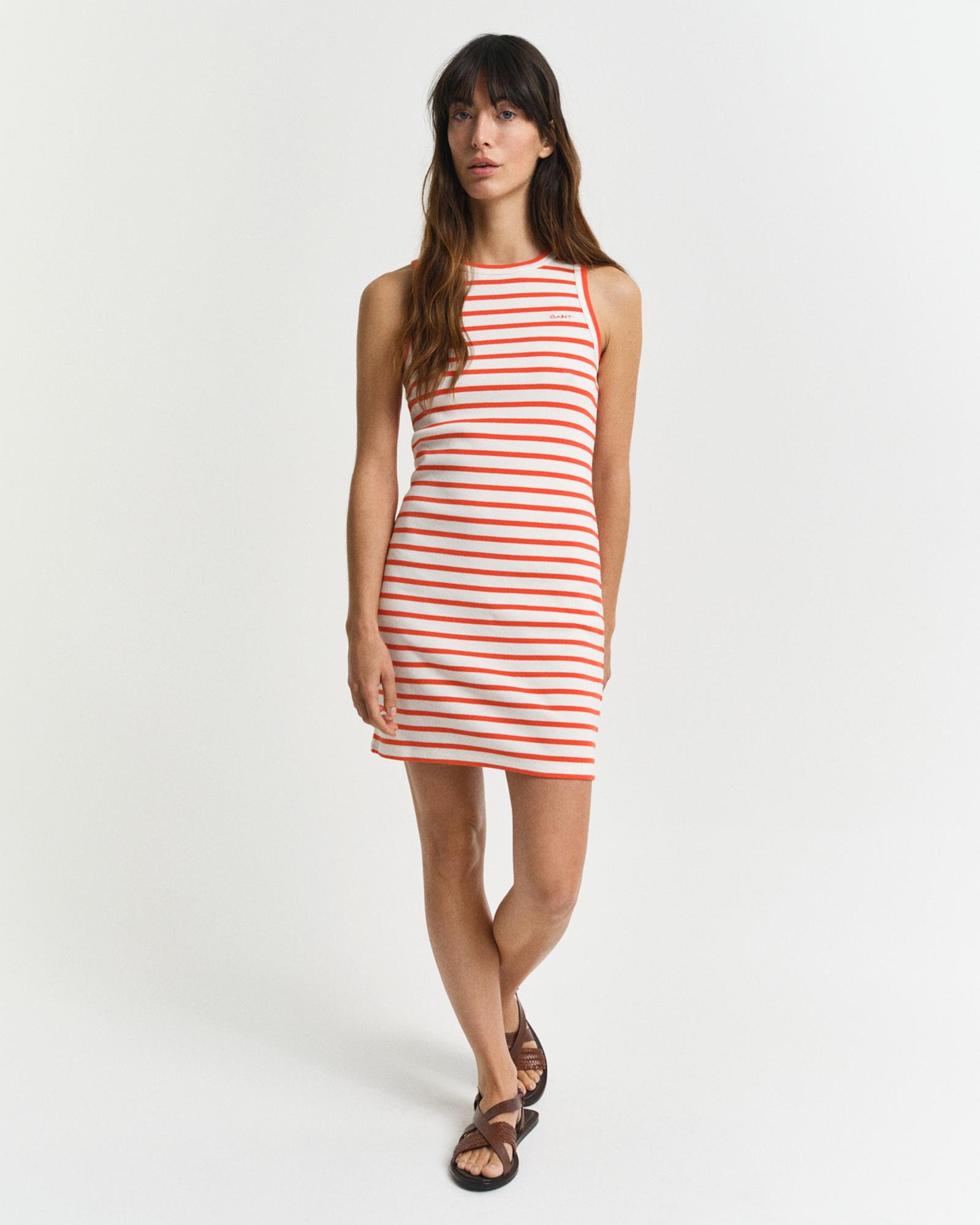 GANT Kadın Turuncu Slim Fit Bisiklet Yaka Çizgili Elbise