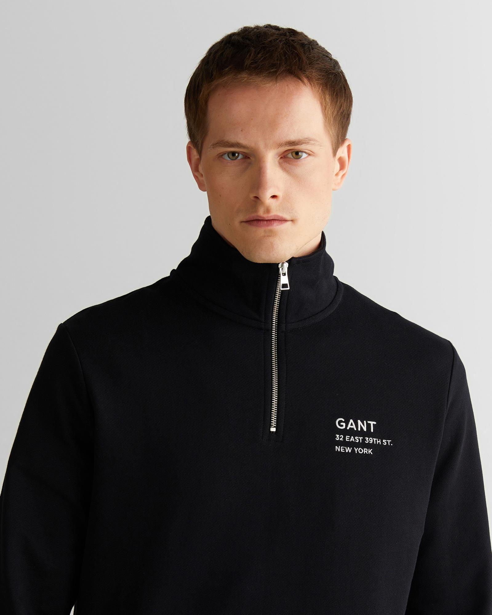 GANT Erkek Siyah Regular Fit Yarım Fermuarlı Logolu Sweatshirt
