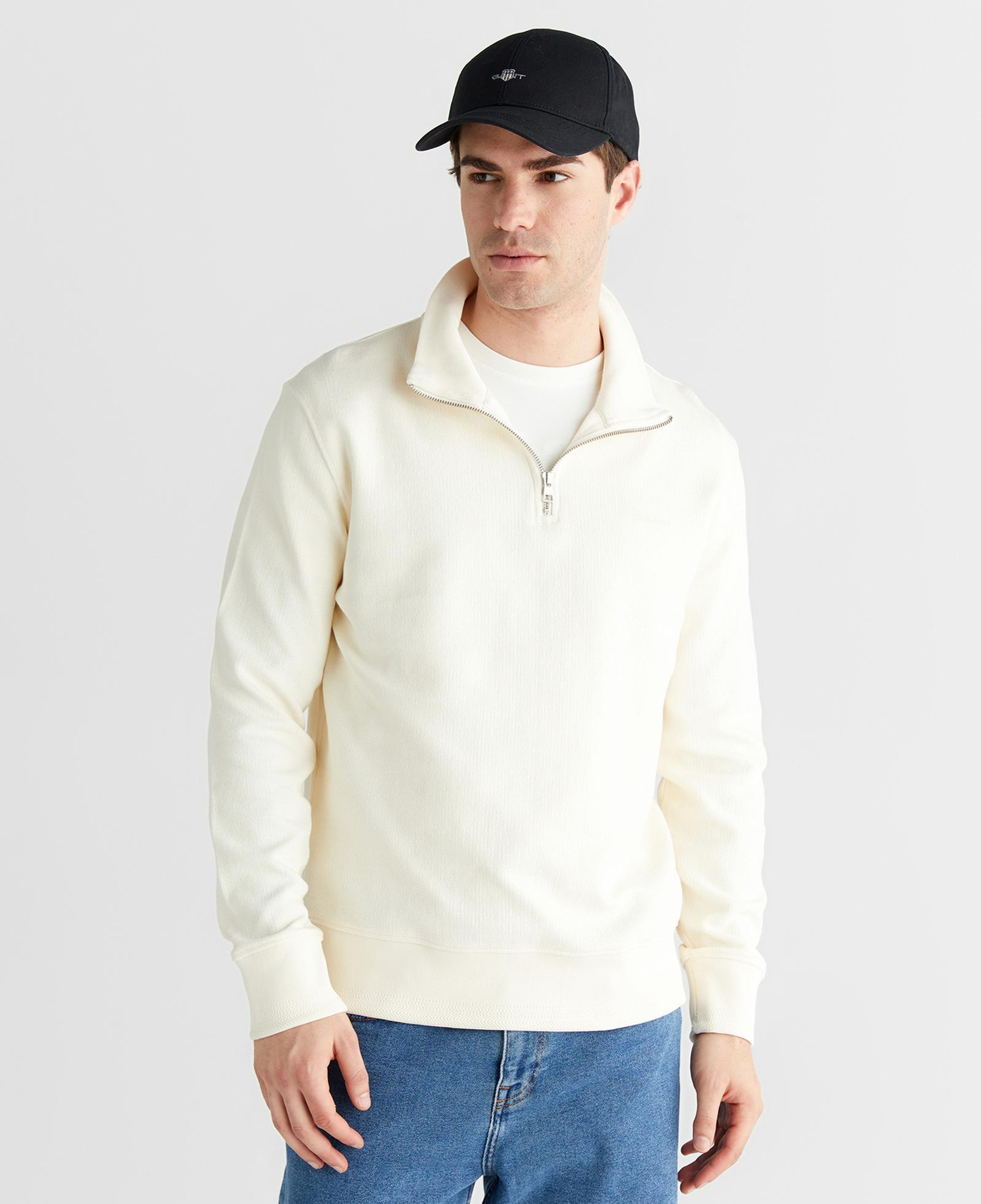 GANT Erkek Krem Yarım Fermuarlı Herringbone Kazak