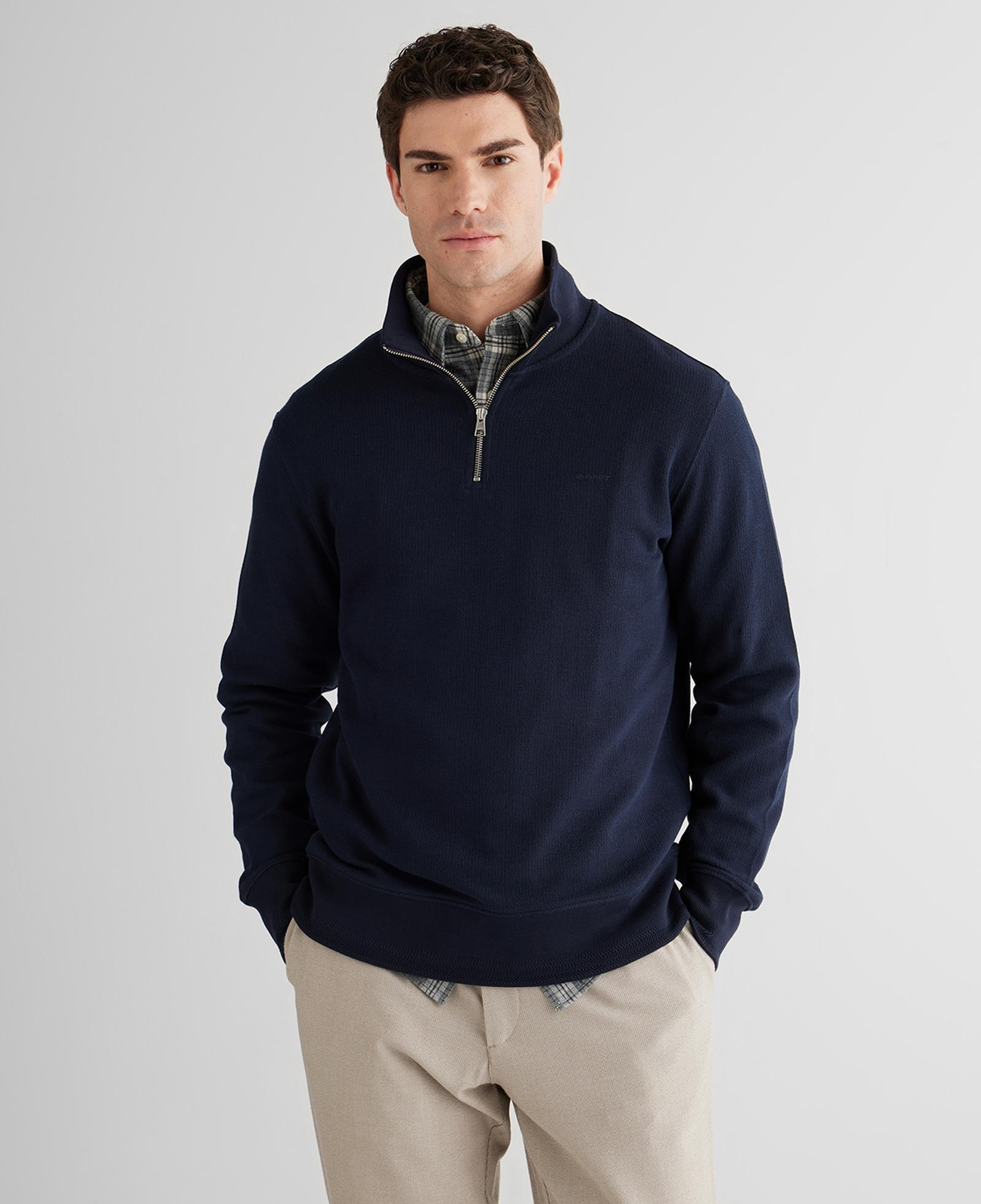 GANT Erkek Lacivert Yarım Fermuarlı Herringbone Kazak