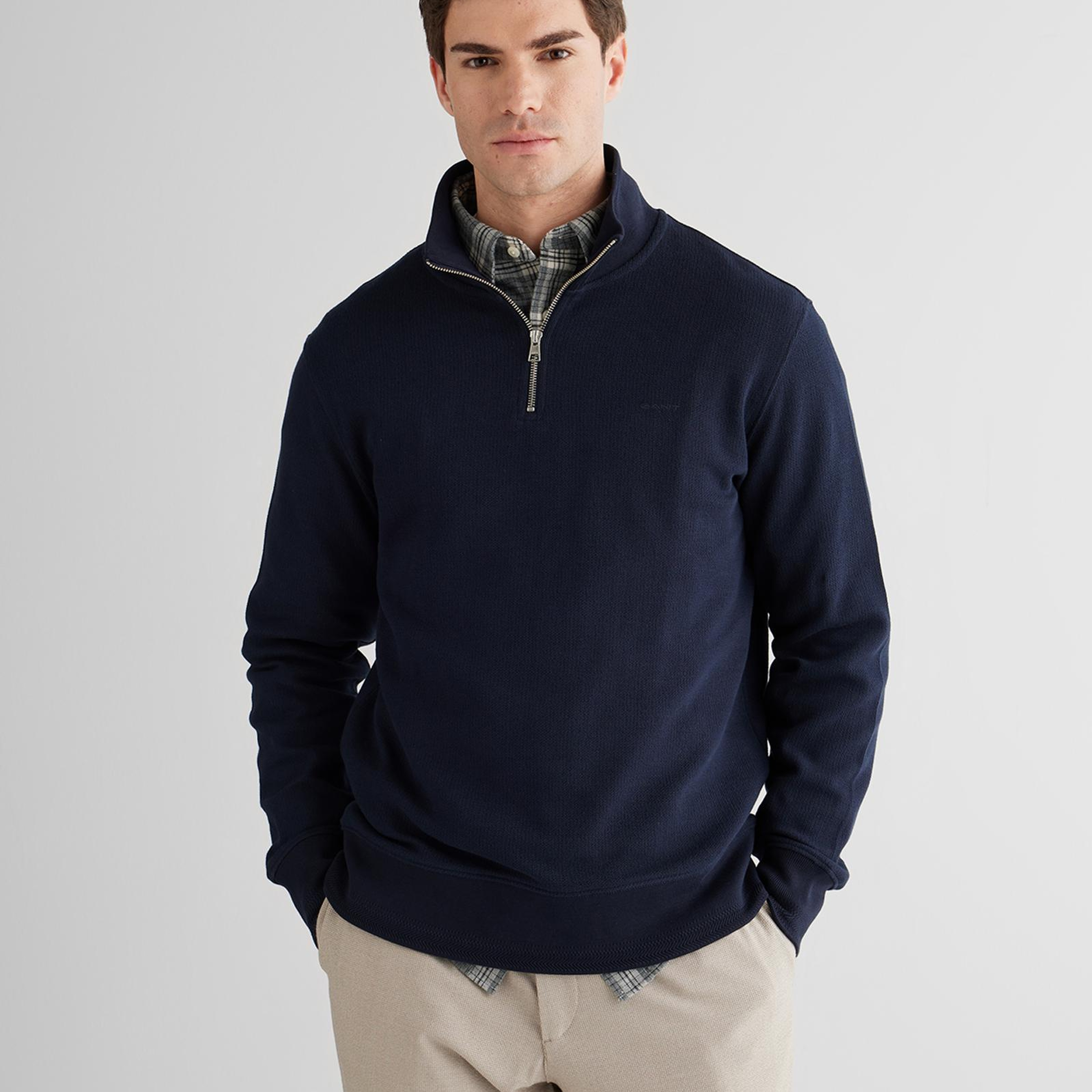 GANT Erkek Lacivert Yarım Fermuarlı Herringbone Kazak