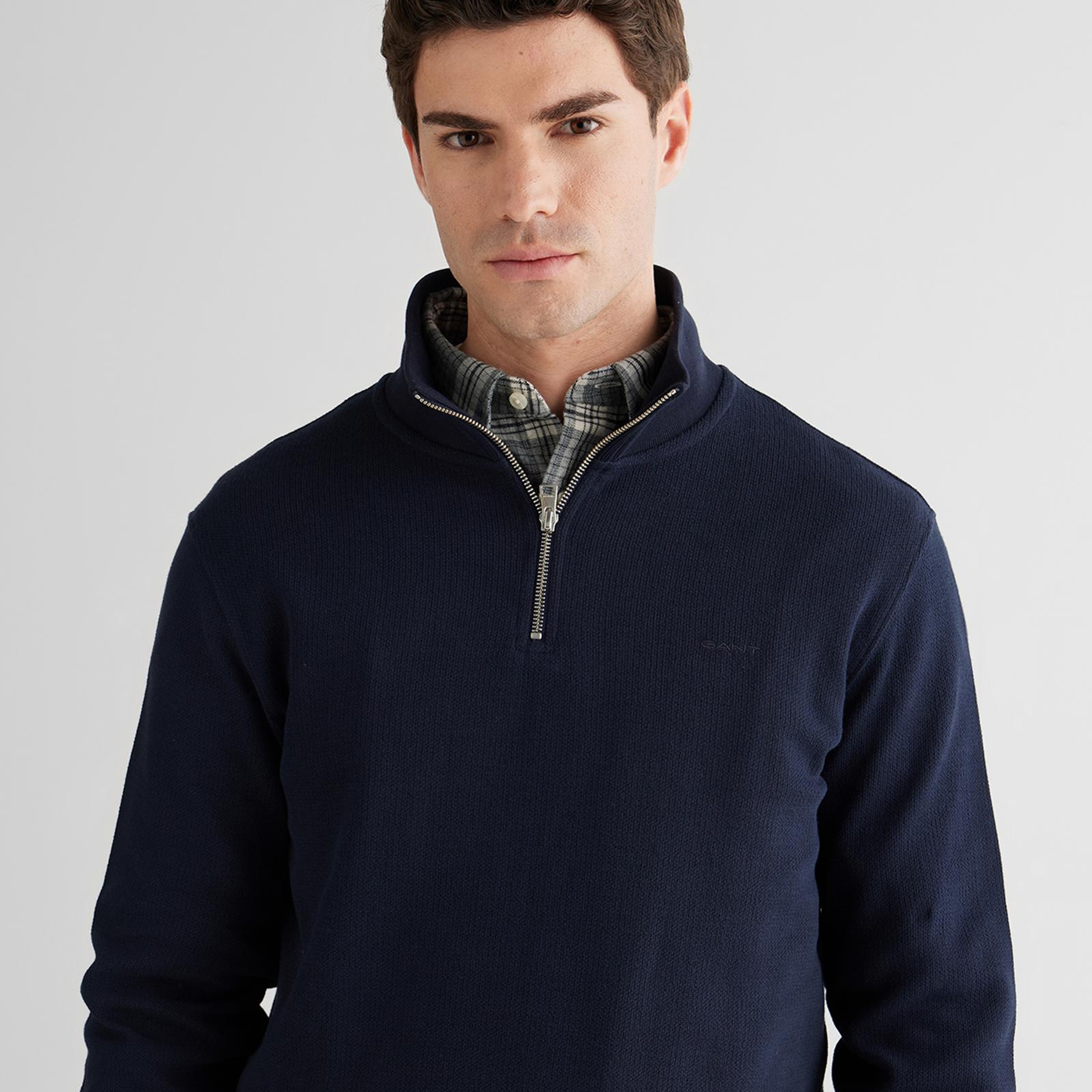 GANT Erkek Lacivert Yarım Fermuarlı Herringbone Kazak