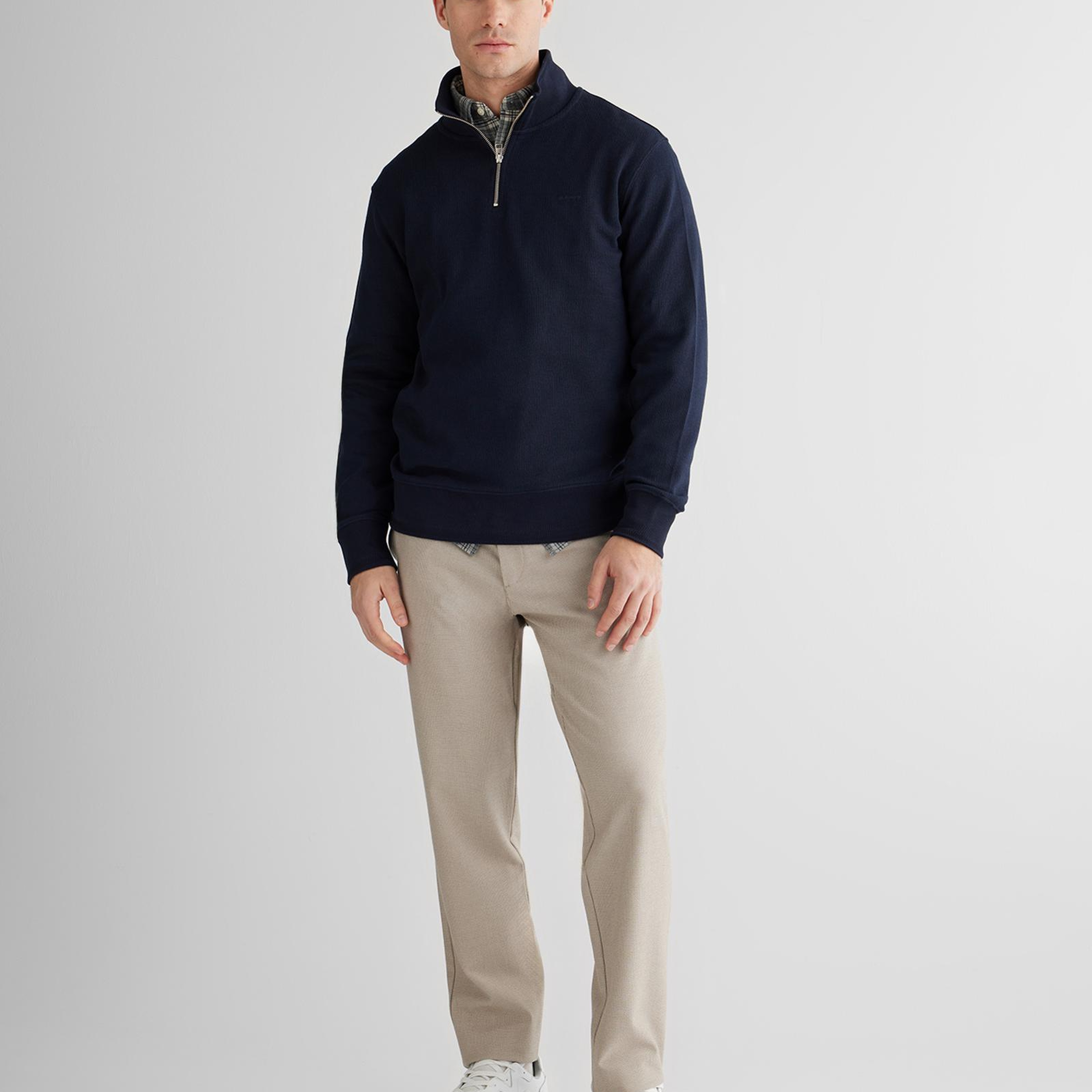 GANT Erkek Lacivert Yarım Fermuarlı Herringbone Kazak