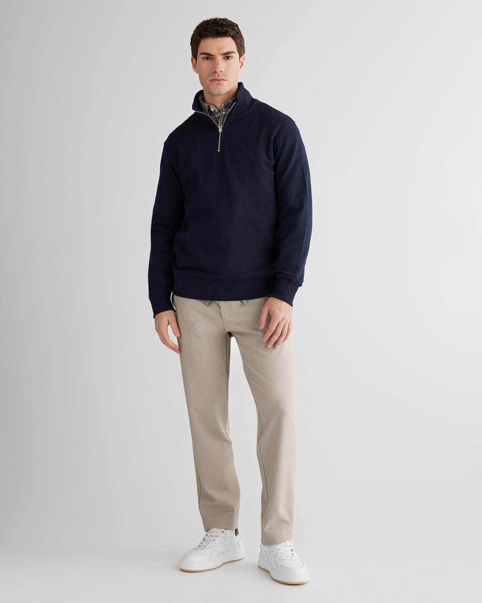 GANT Erkek Lacivert Yarım Fermuarlı Herringbone Kazak