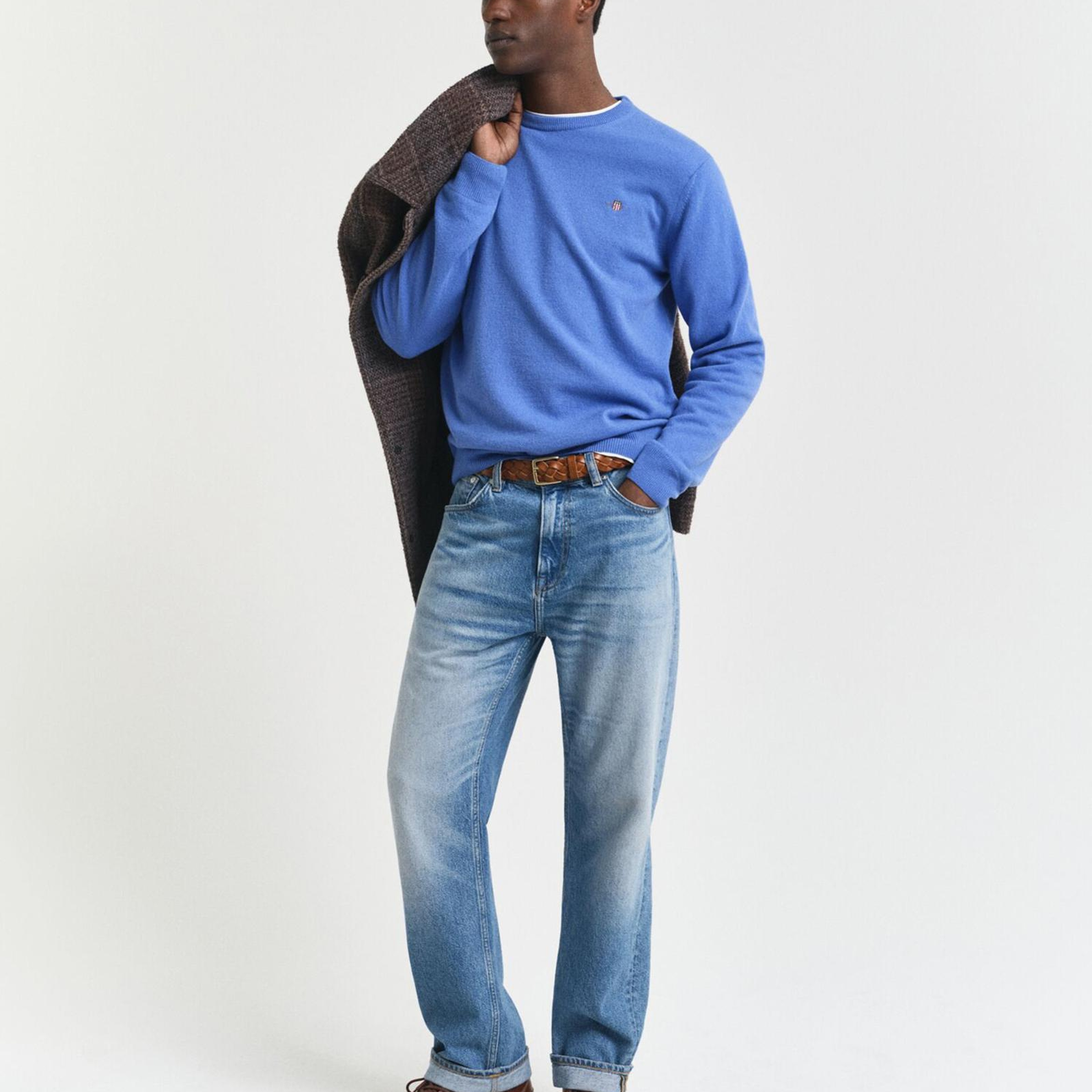 GANT Erkek Mavi Regular Fit Bisiklet Yaka Yün Kazak