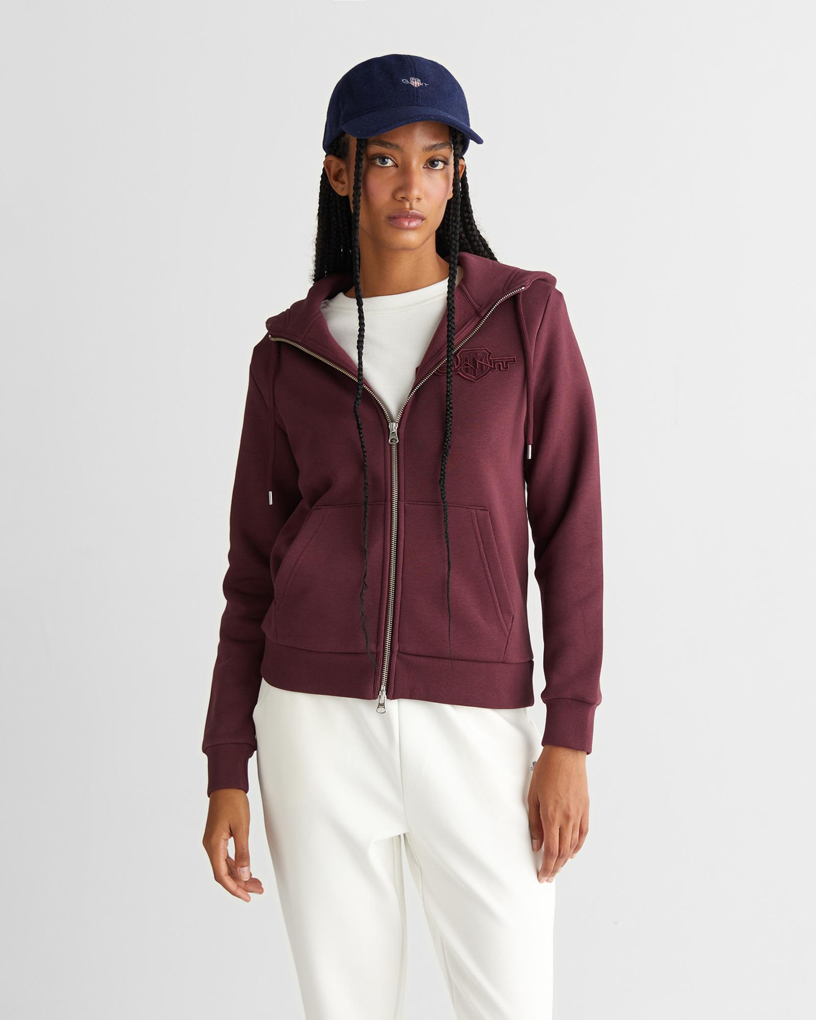 GANT Kadın Bordo Regular Fit Kapüşonlu Fermuarlıı Sweatshirt