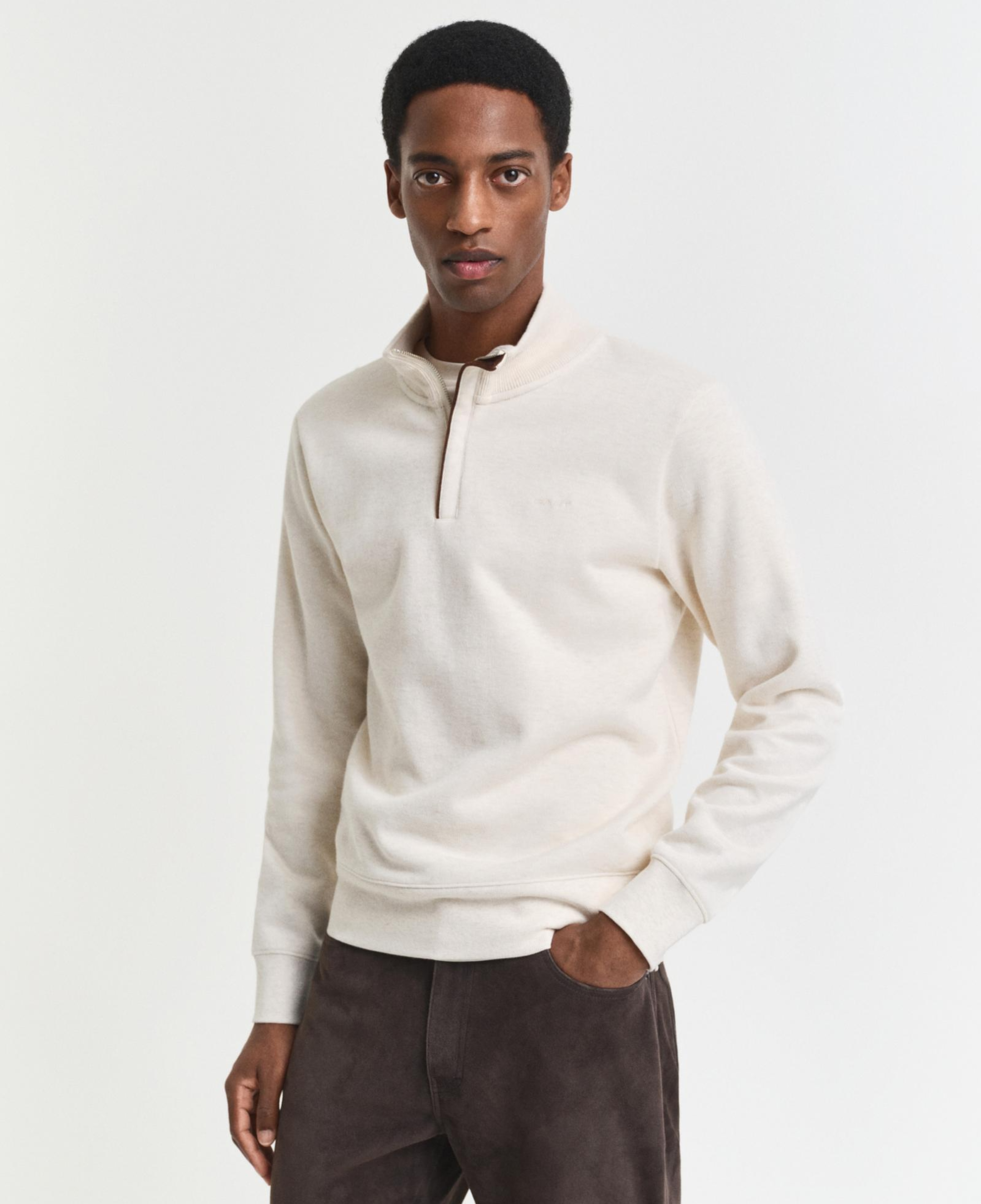 GANT Erkek Krem Regular Fit Yarım Fermuarlı Sweatshirt