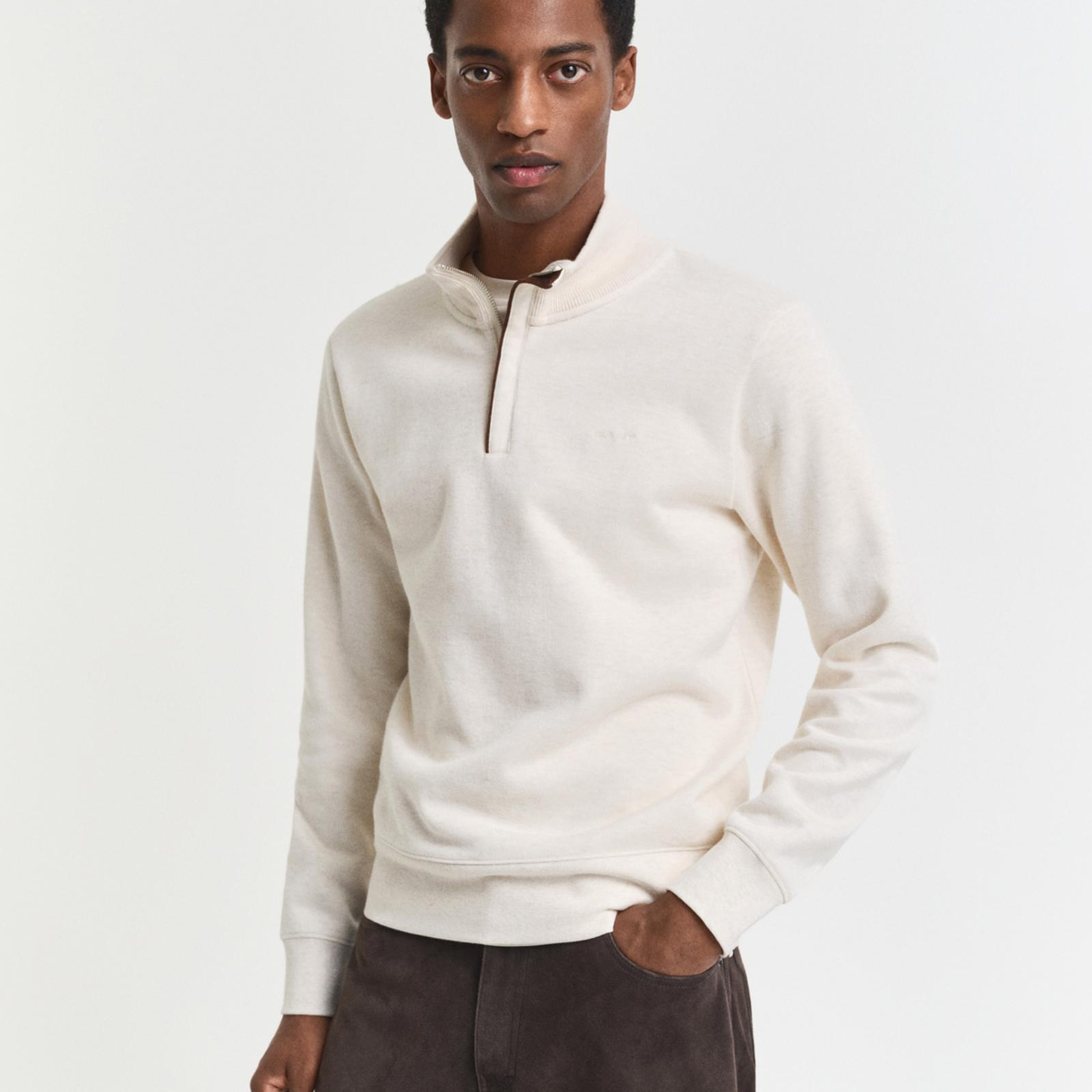 GANT Erkek Krem Regular Fit Yarım Fermuarlı Sweatshirt