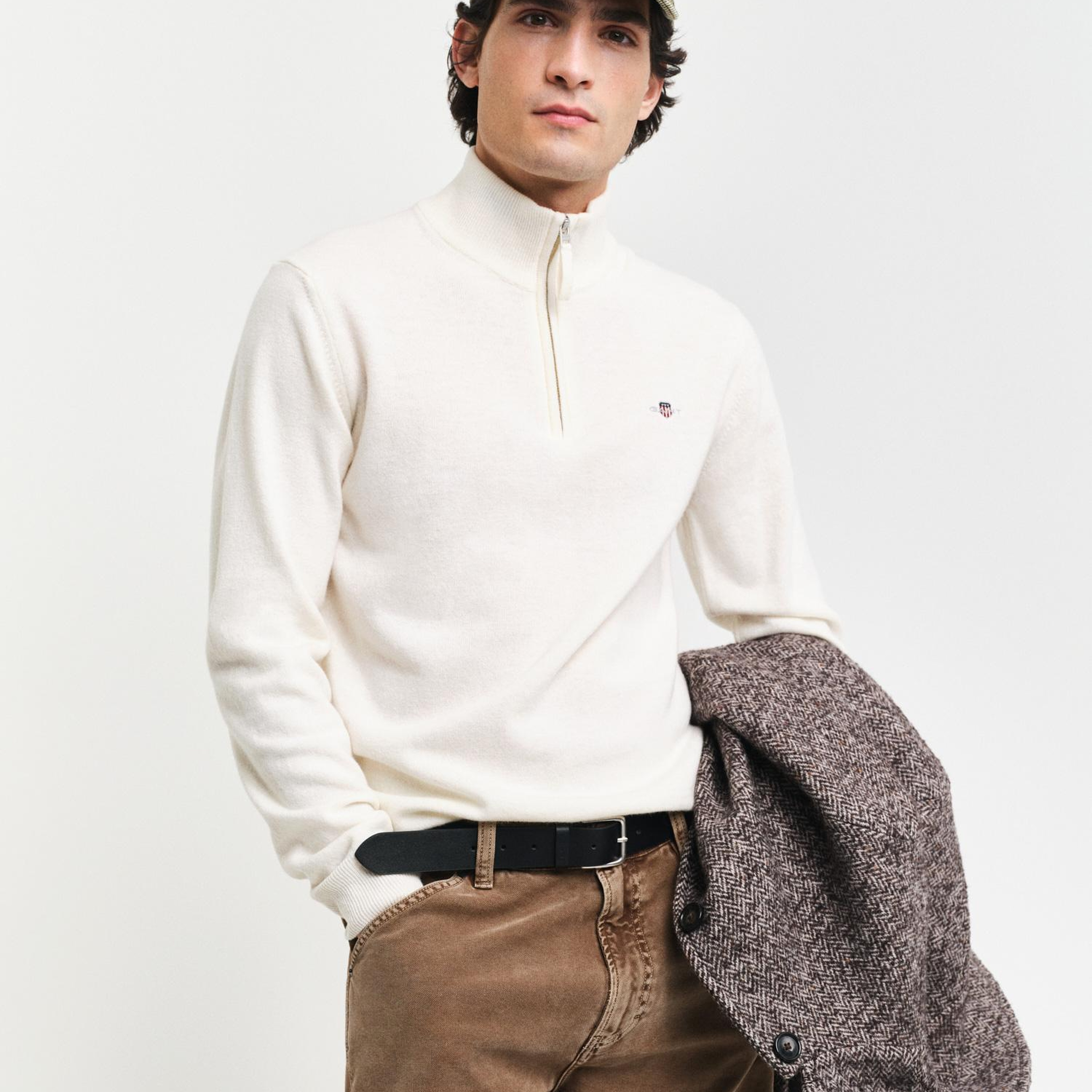 GANT Erkek Krem Regular Fit Yarım Fermuarlı Yün Kazak