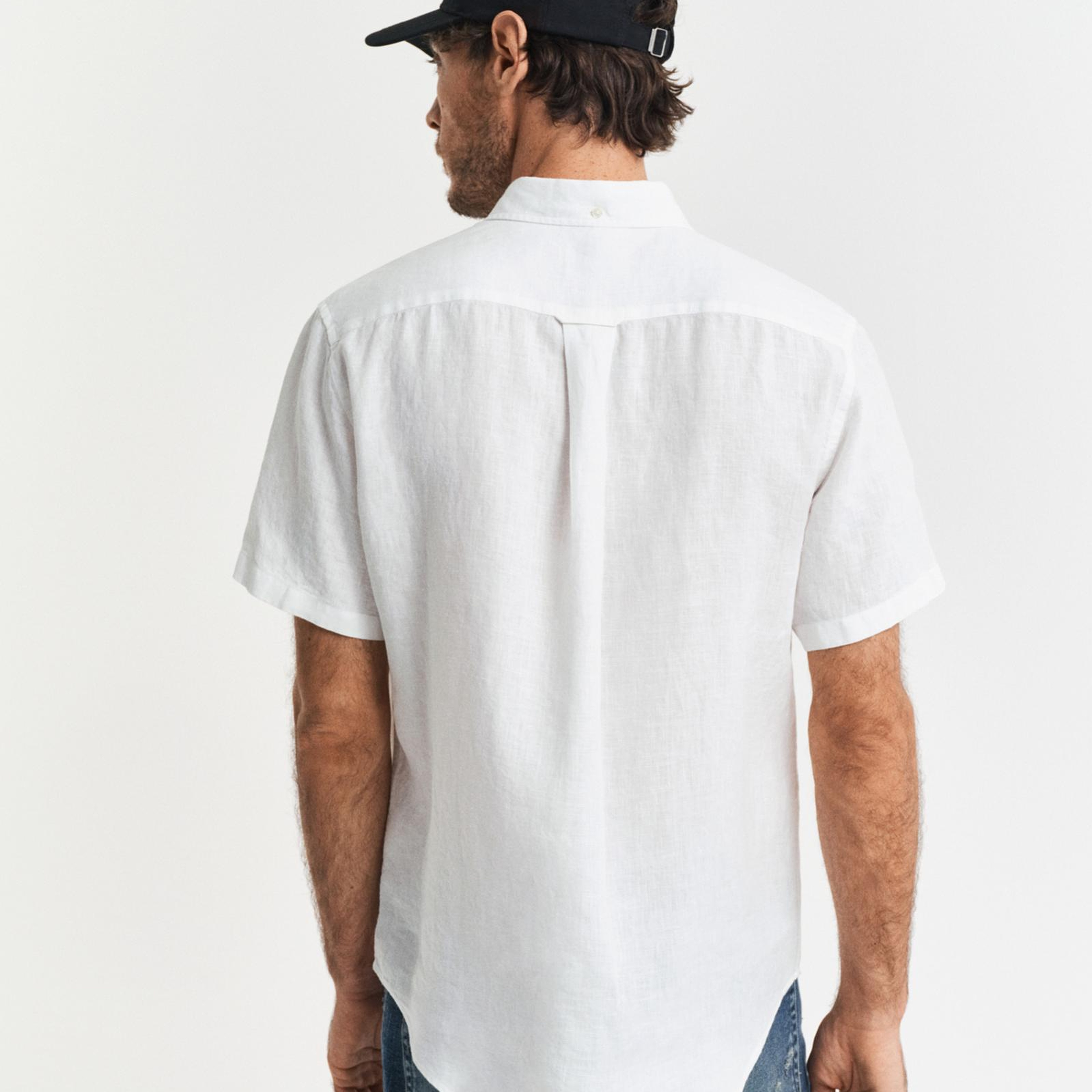 GANT Erkek Beyaz Regular Fit Düğmeli Yaka Keten Gömlek