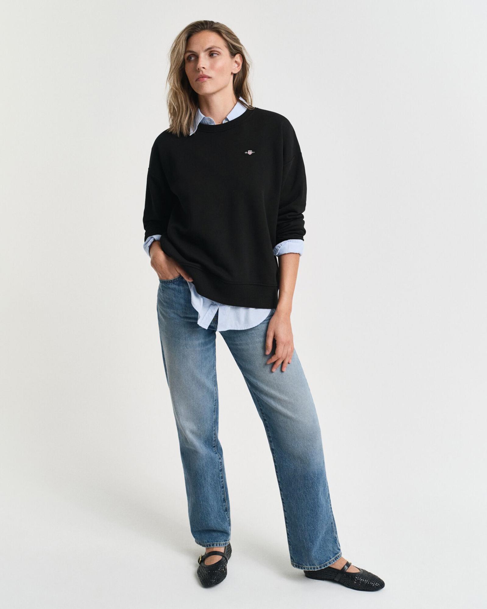GANT Kadın Siyah Relaxed Fit Bisiklet Yaka Sweatshirt
