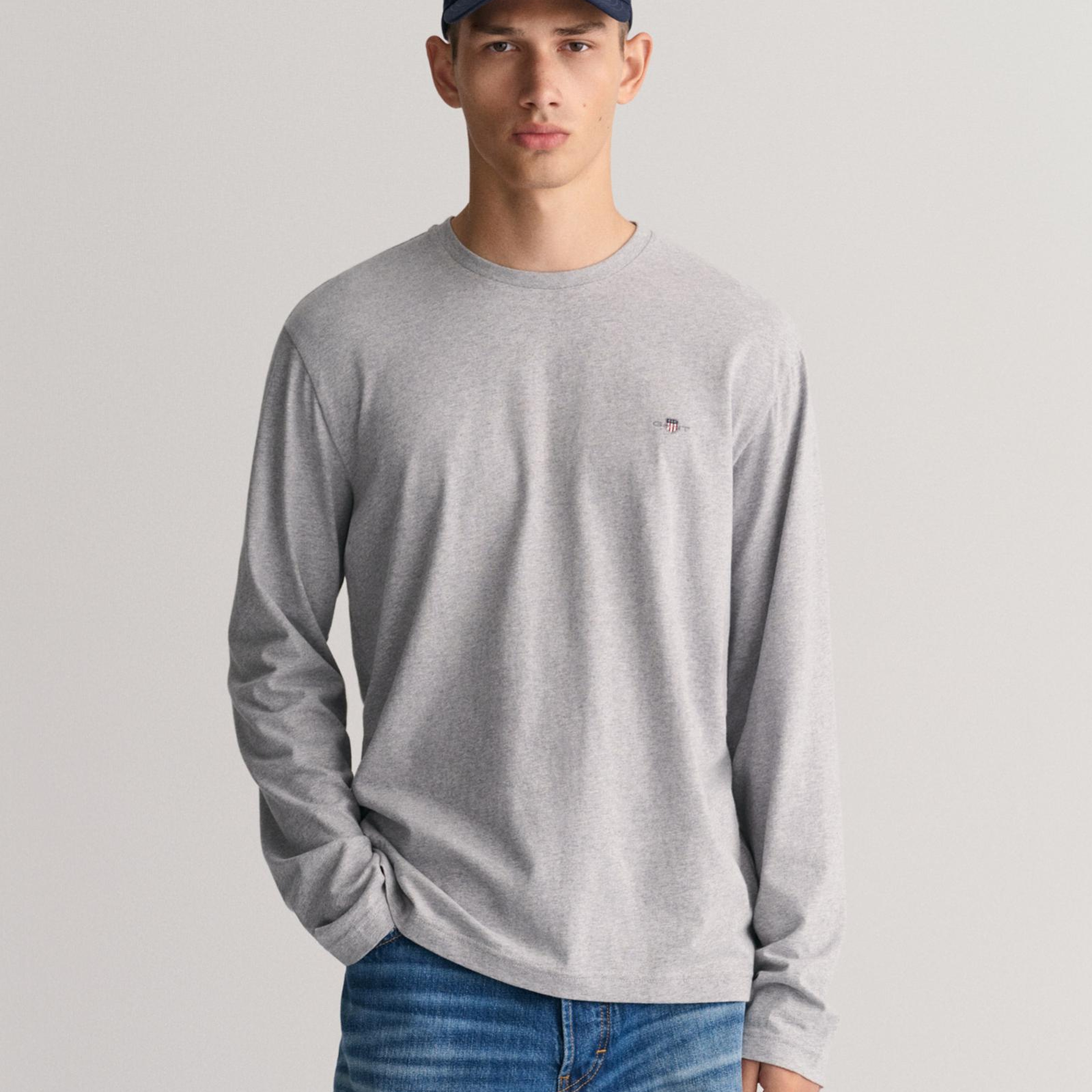 GANT Erkek Gri Regular Fit Bisiklet Yaka Uzun Kollu T-Shirt