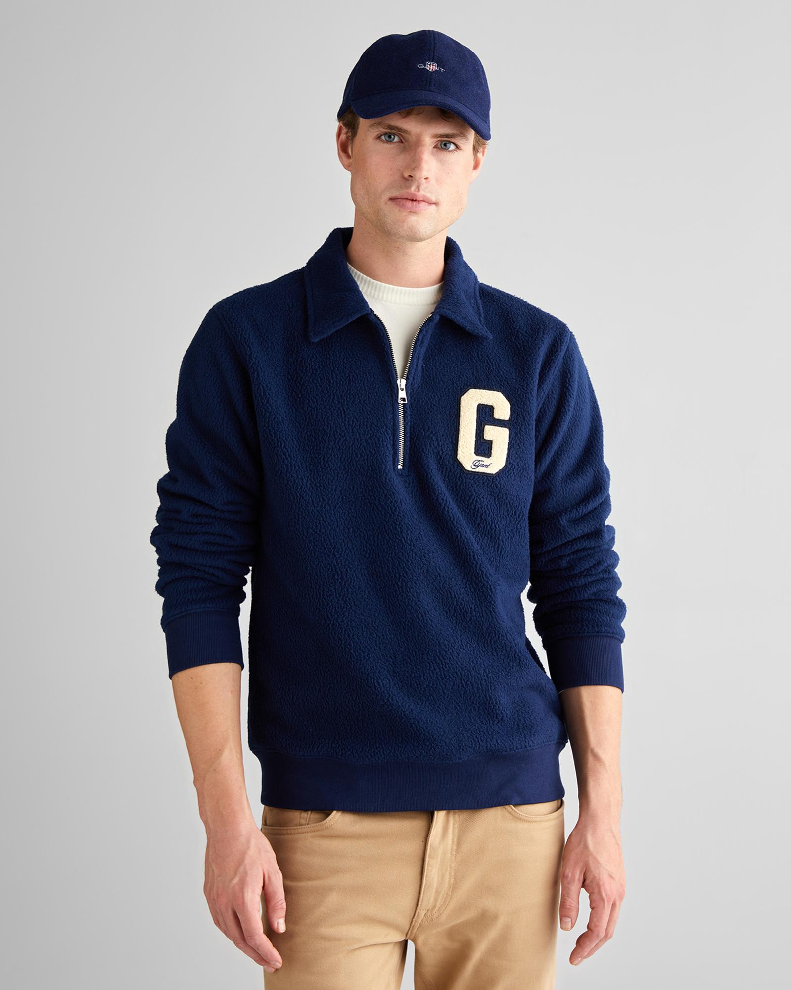 GANT Erkek Lacivert Regular Fit Yarım Fermuarlı Logolu Sweatshirt