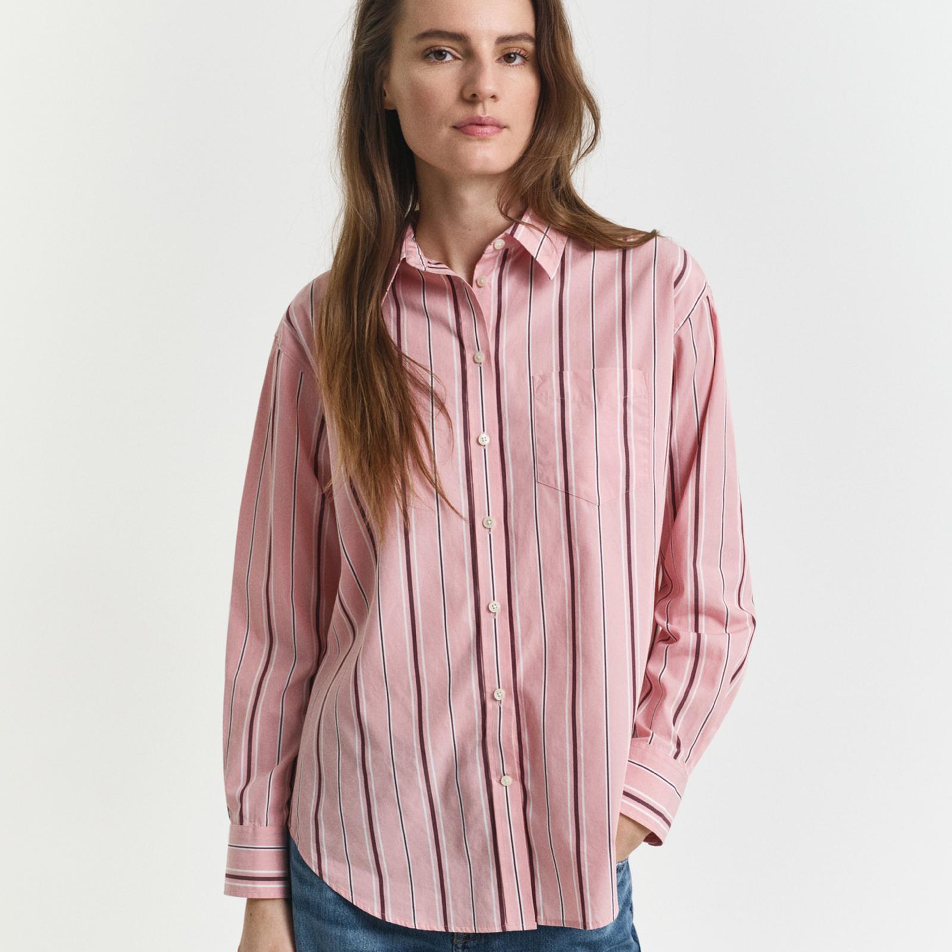 GANT Kadın Pembe Relaxed Fit Klasik Yaka Çizgili Gömlek