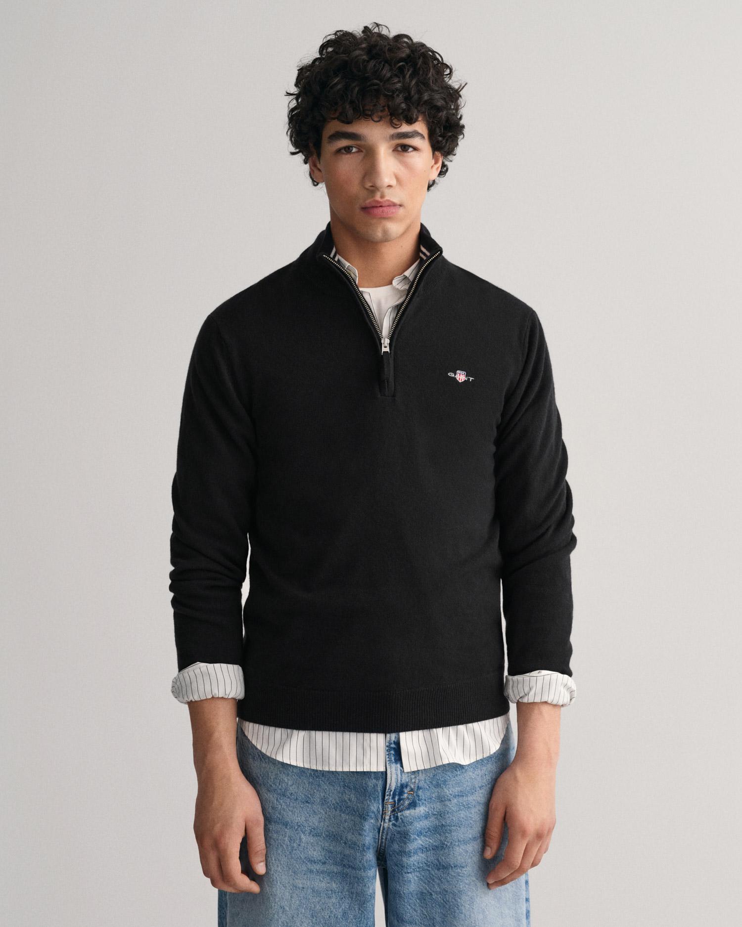 GANT Erkek Siyah Regular Fit Yarım Fermuarlı Yün Kazak