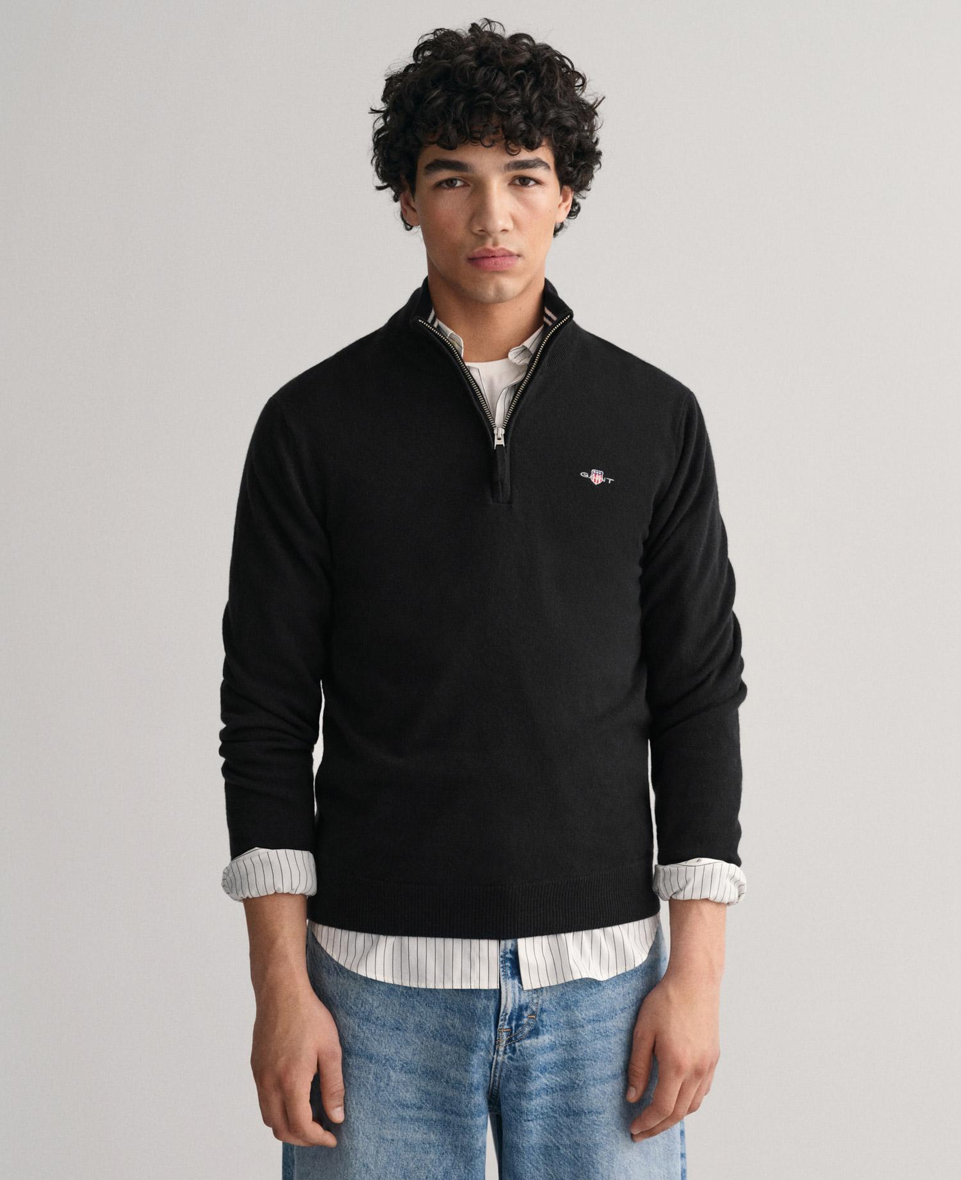 GANT Erkek Siyah Regular Fit Yarım Fermuarlı Yün Kazak