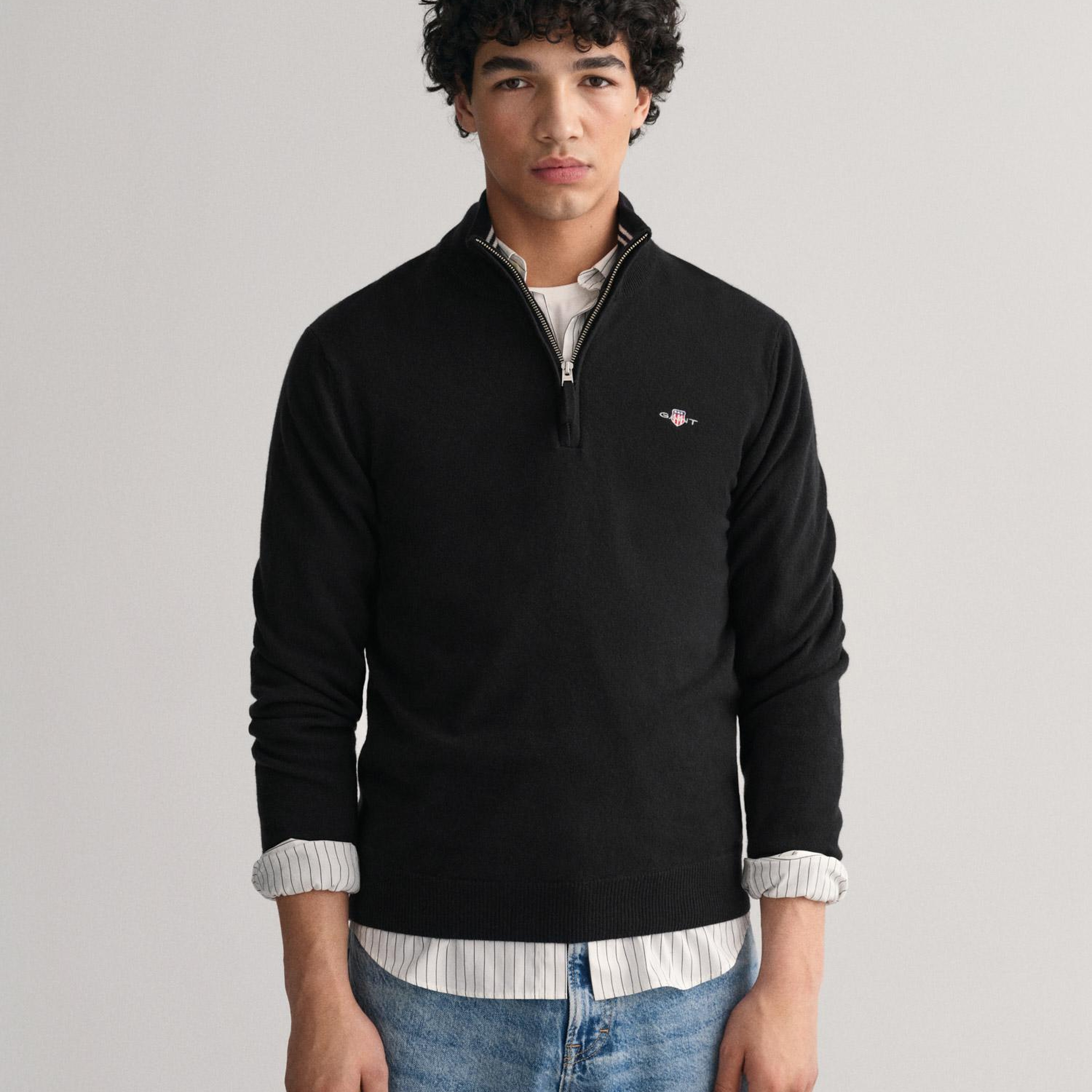 GANT Erkek Siyah Regular Fit Yarım Fermuarlı Yün Kazak