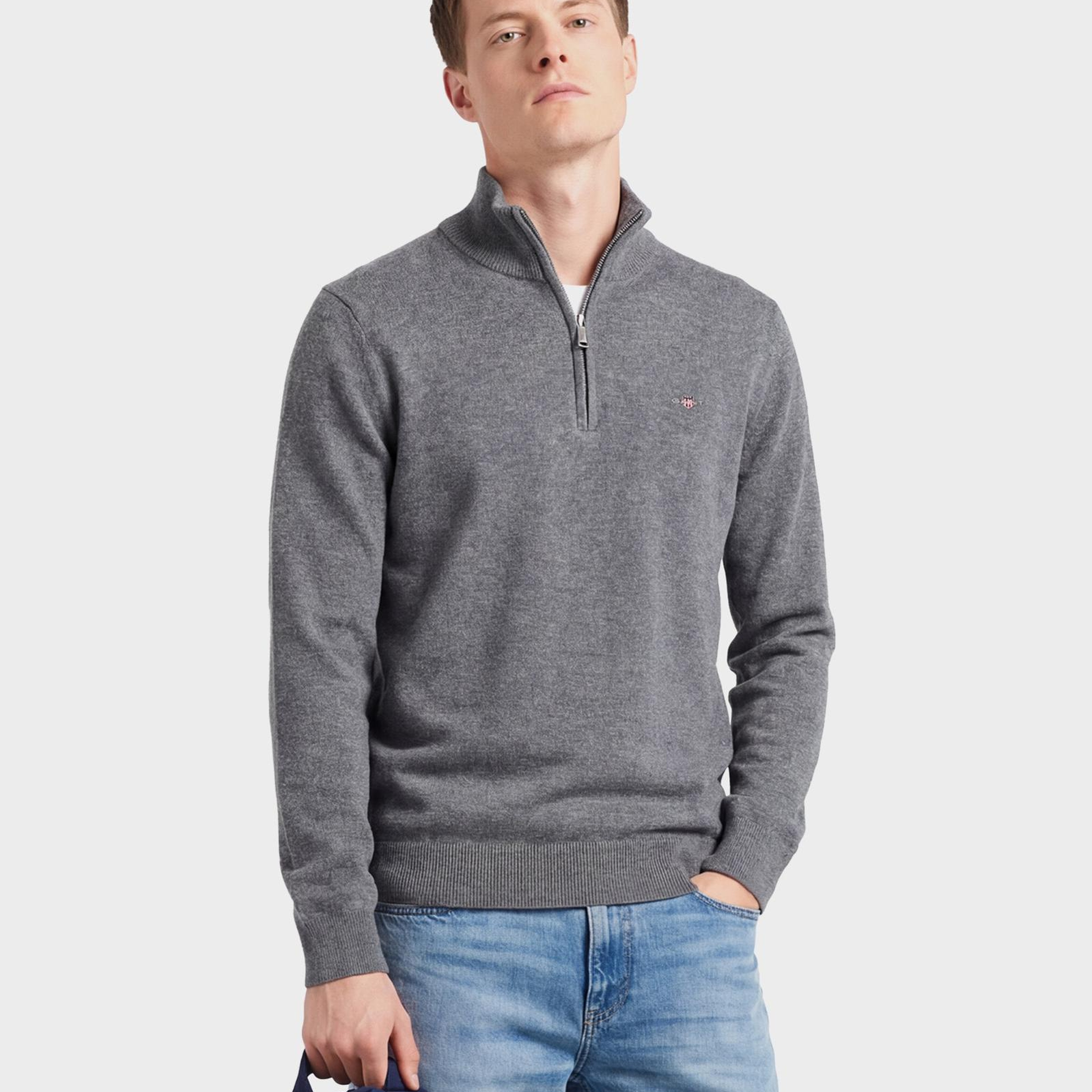 GANT Erkek Gri Regular Fit Yarım Fermuarlı Yün Kazak