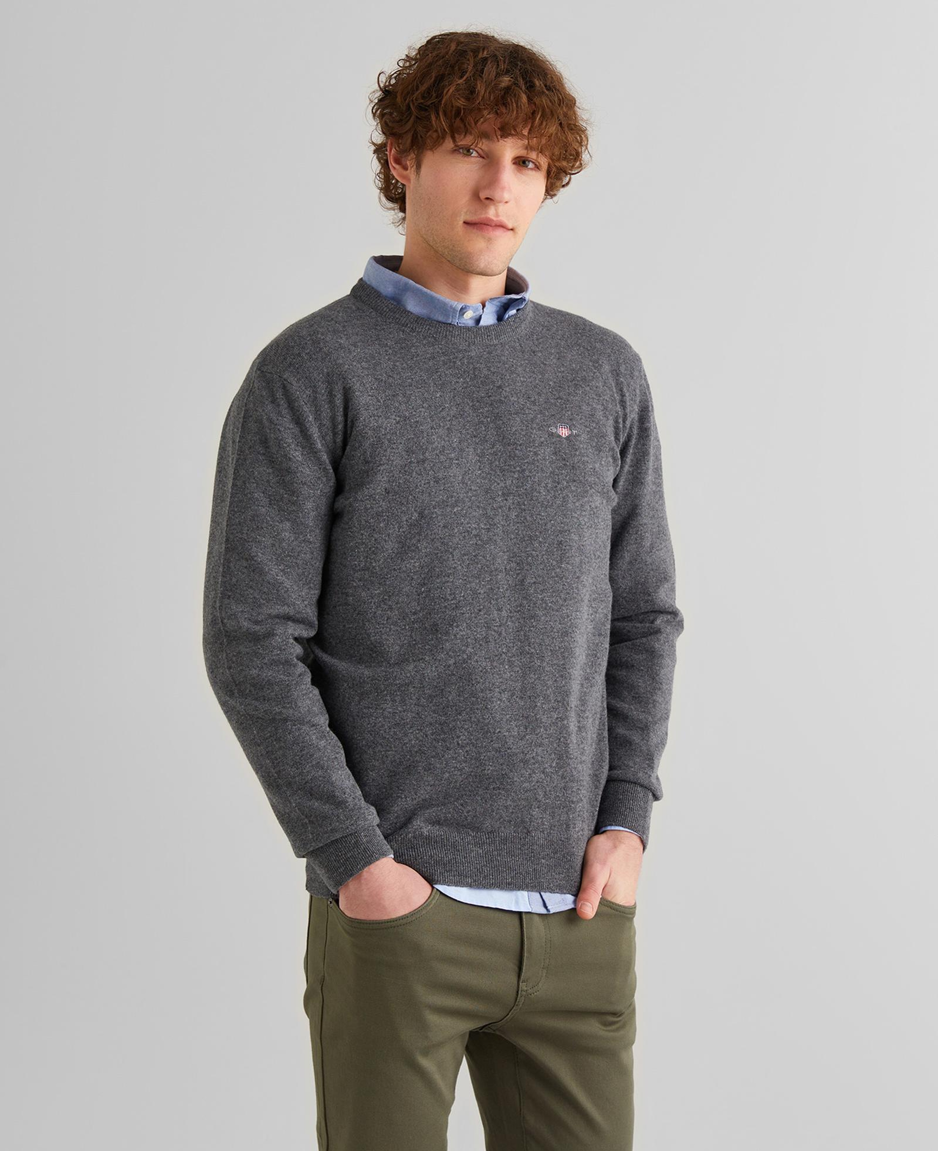 GANT Erkek Gri Regular Fit Bisiklet Yaka Yün Kazak