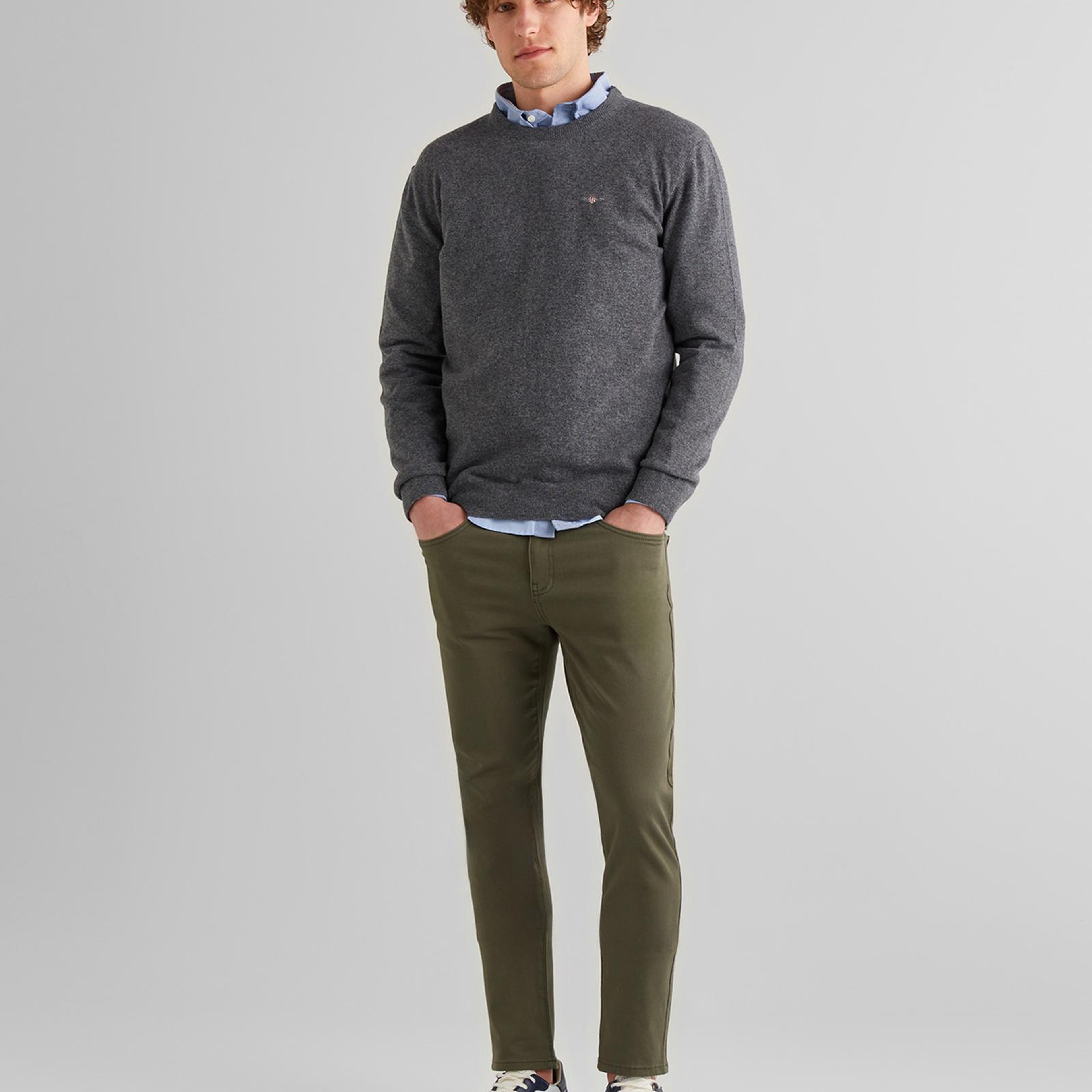 GANT Erkek Gri Regular Fit Bisiklet Yaka Yün Kazak