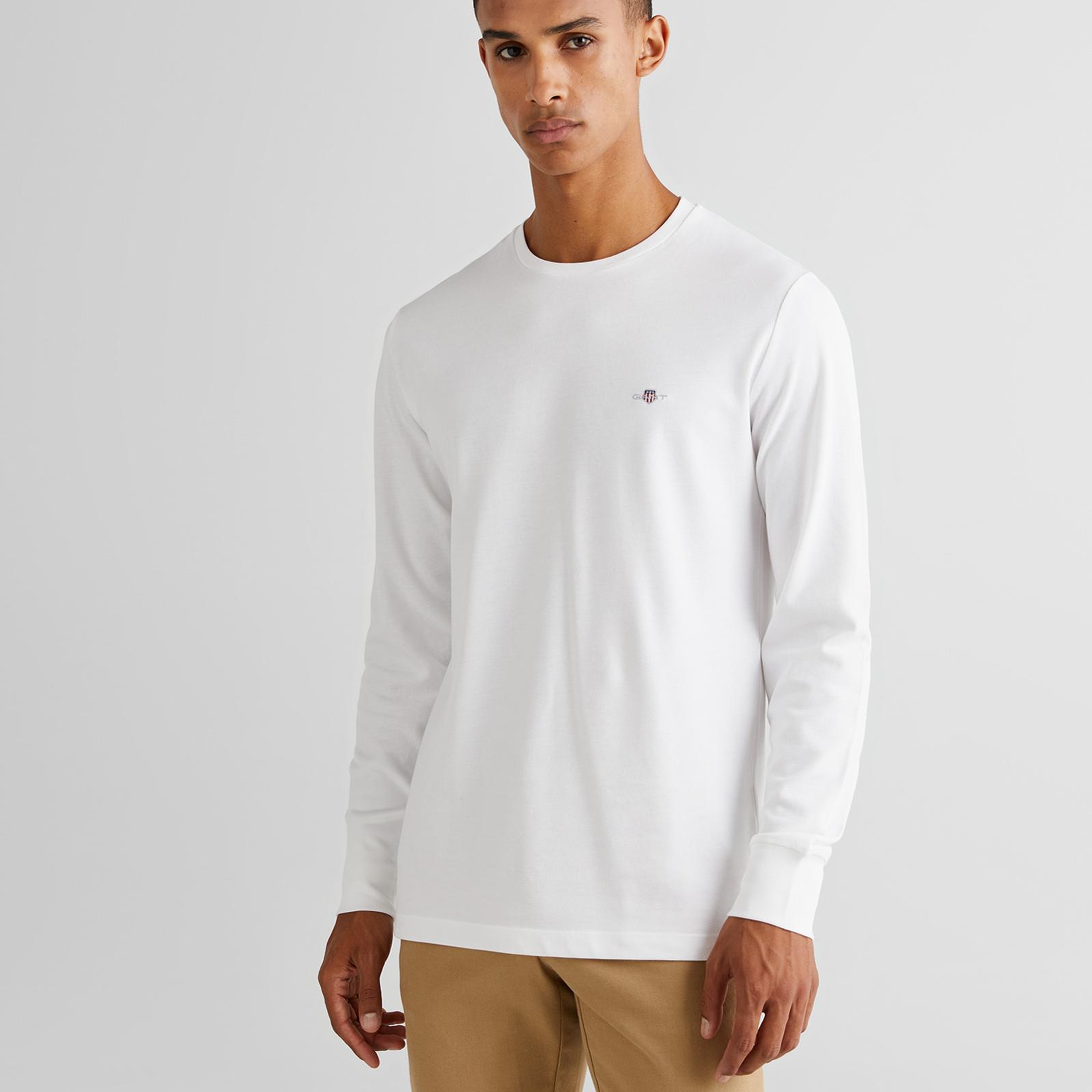 GANT Erkek Beyaz Slim Fit Bisiklet Yaka Uzun Kollu T-Shirt