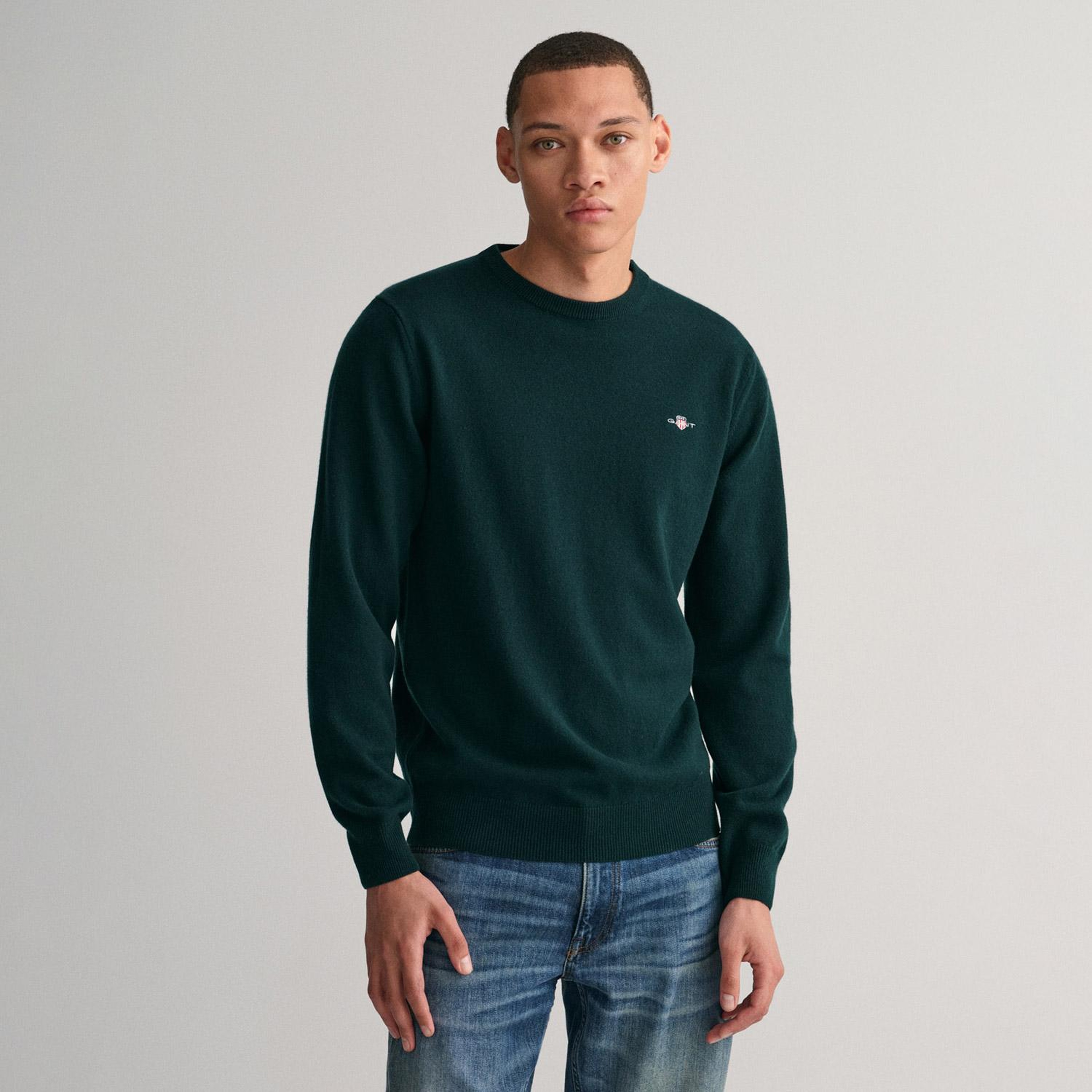 GANT Erkek Yeşil Regular Fit Bisiklet Yaka Yün Kazak