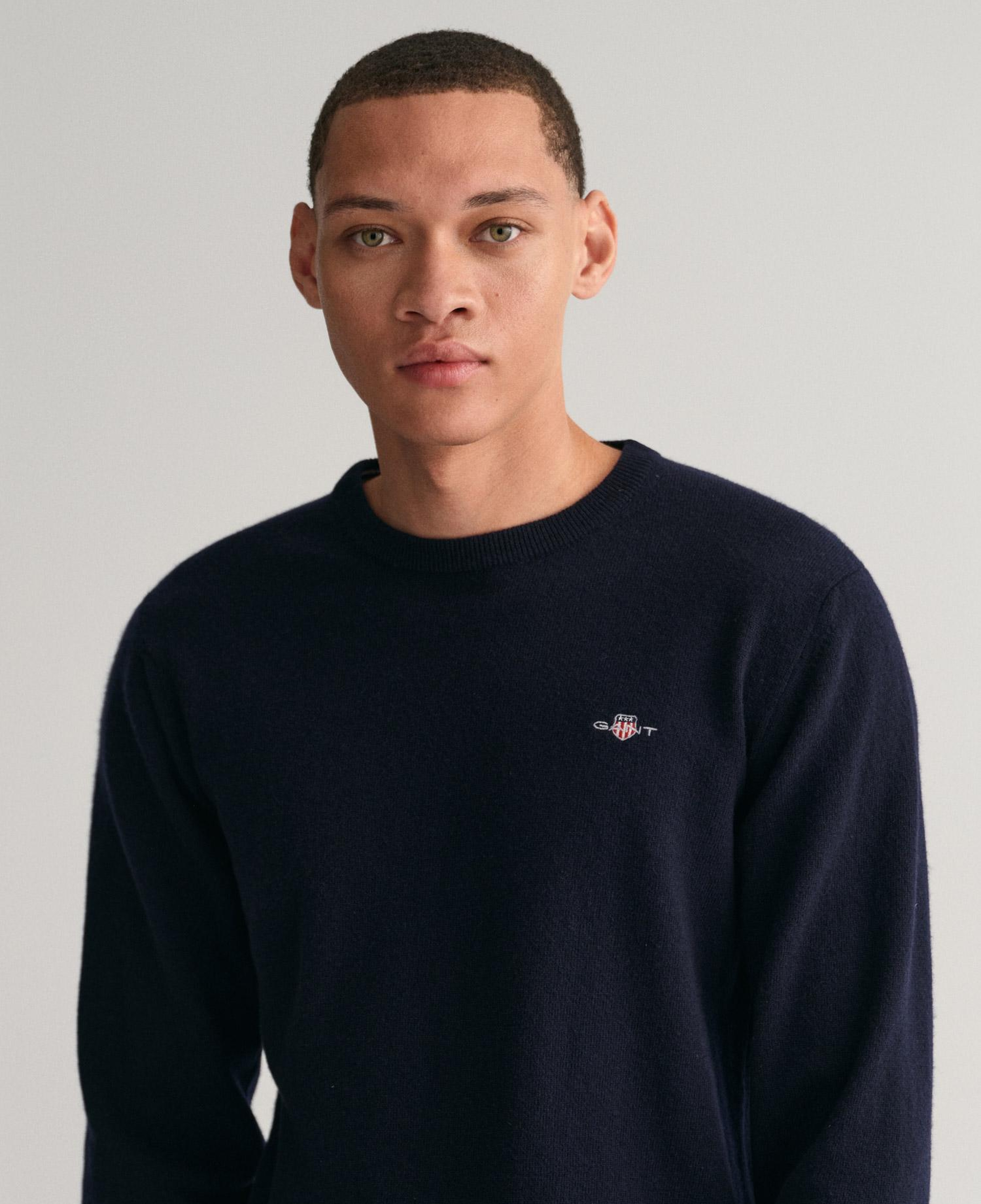 GANT Erkek Lacivert Regular Fit Bisiklet Yaka Yün Kazak